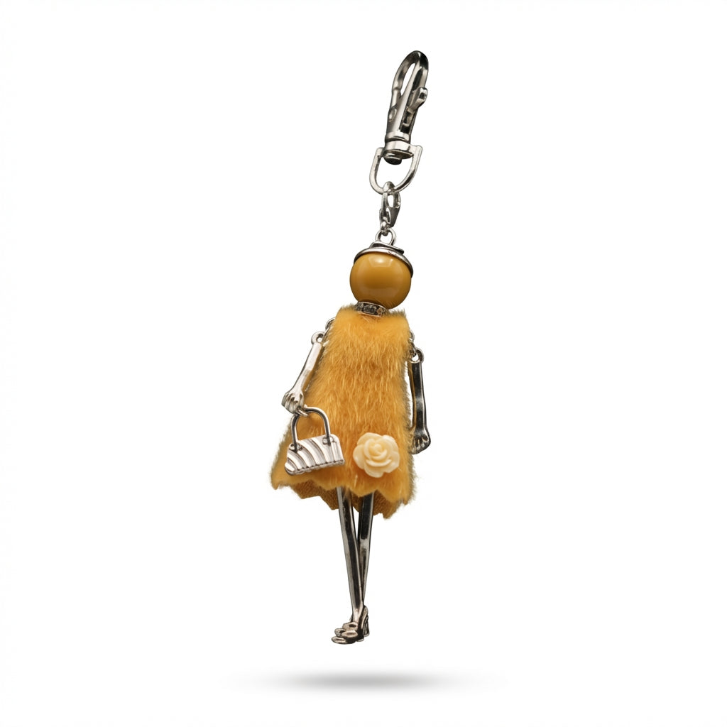 Bijou Doll Purse Charm | Silver Dark Yellow Feux Fur