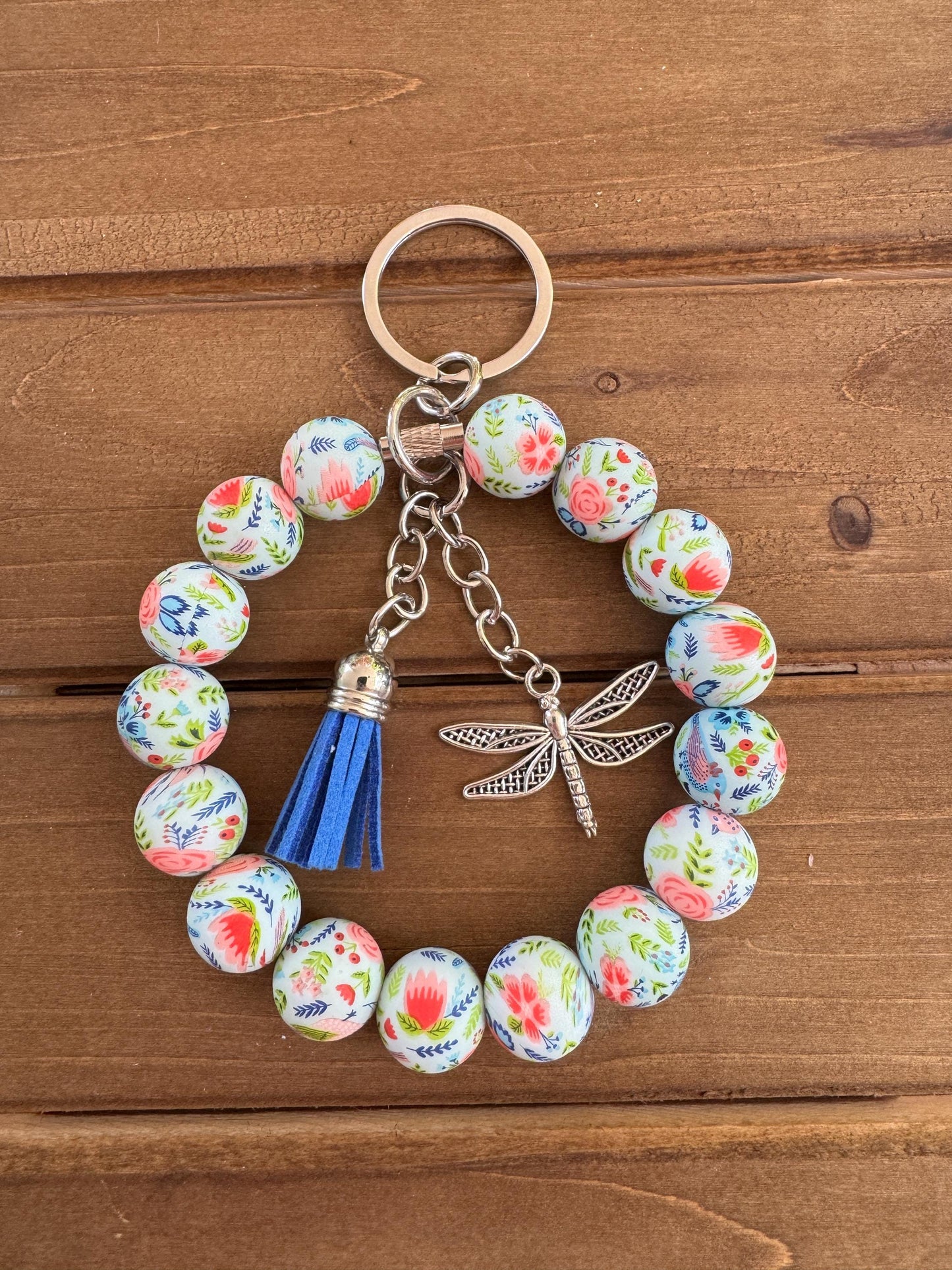 Elegant Stainless Steel Cable Wristlet - Silicone Beads, Leather Tassel & Dragonfly Charm