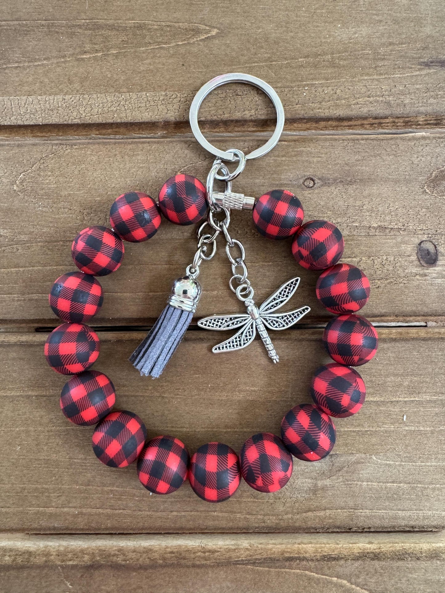 Elegant Stainless Steel Cable Wristlet - Silicone Beads, Leather Tassel & Dragonfly Charm