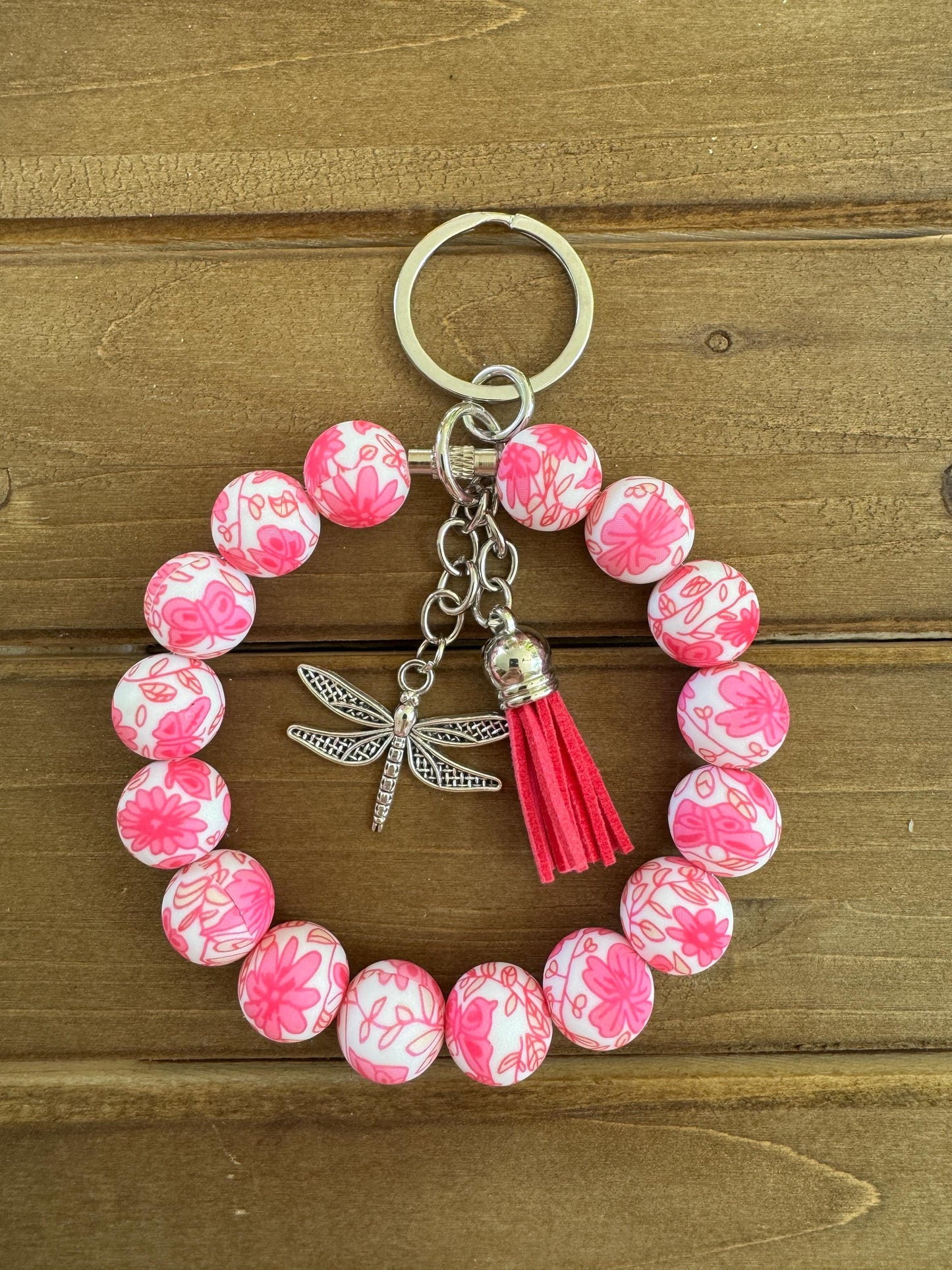 Elegant Stainless Steel Cable Wristlet - Silicone Beads, Leather Tassel & Dragonfly Charm