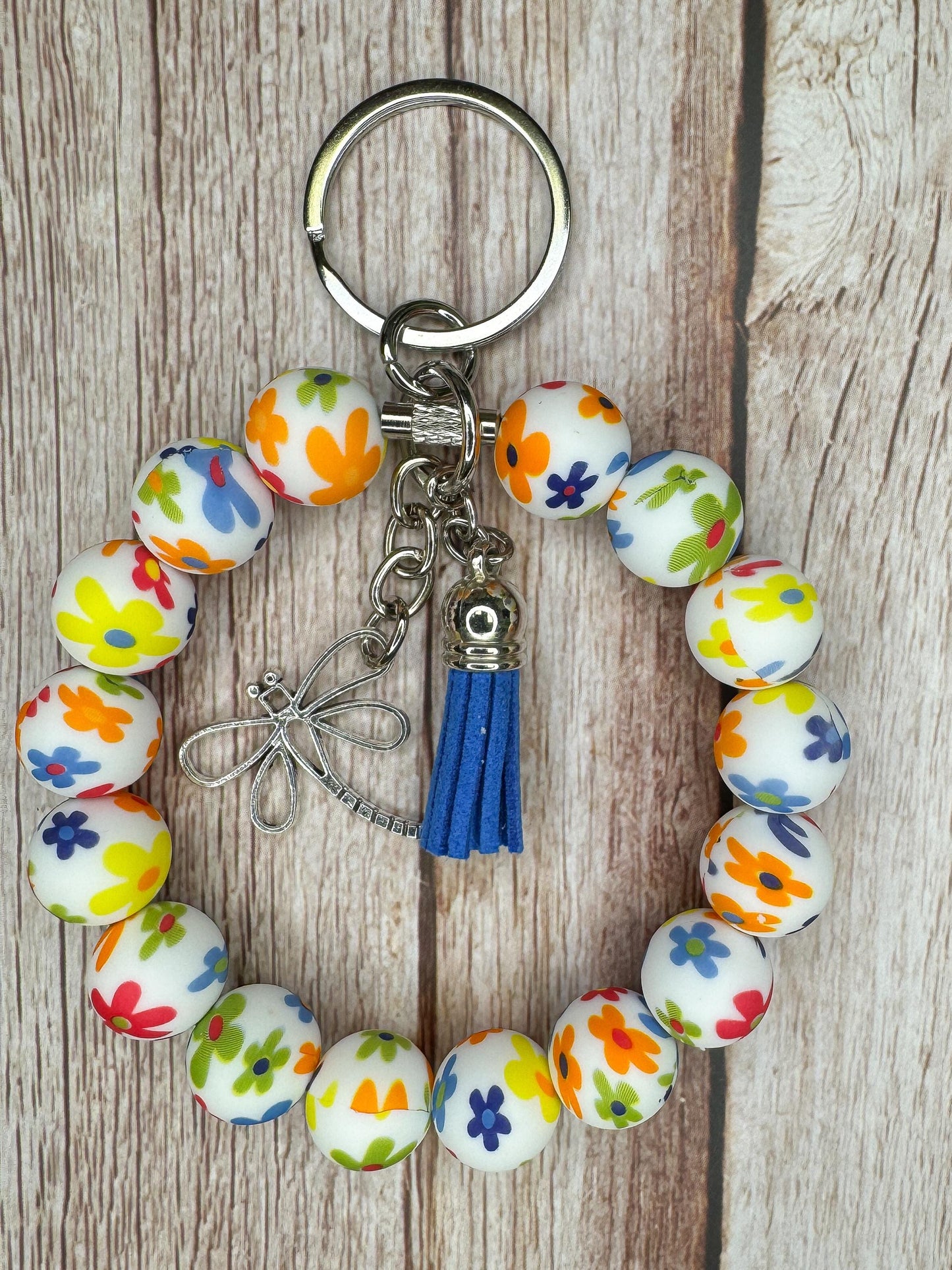 Stainless Steel Cable Wristlet - Silicone Beads, Leather Tassel & Dragonfly Charm