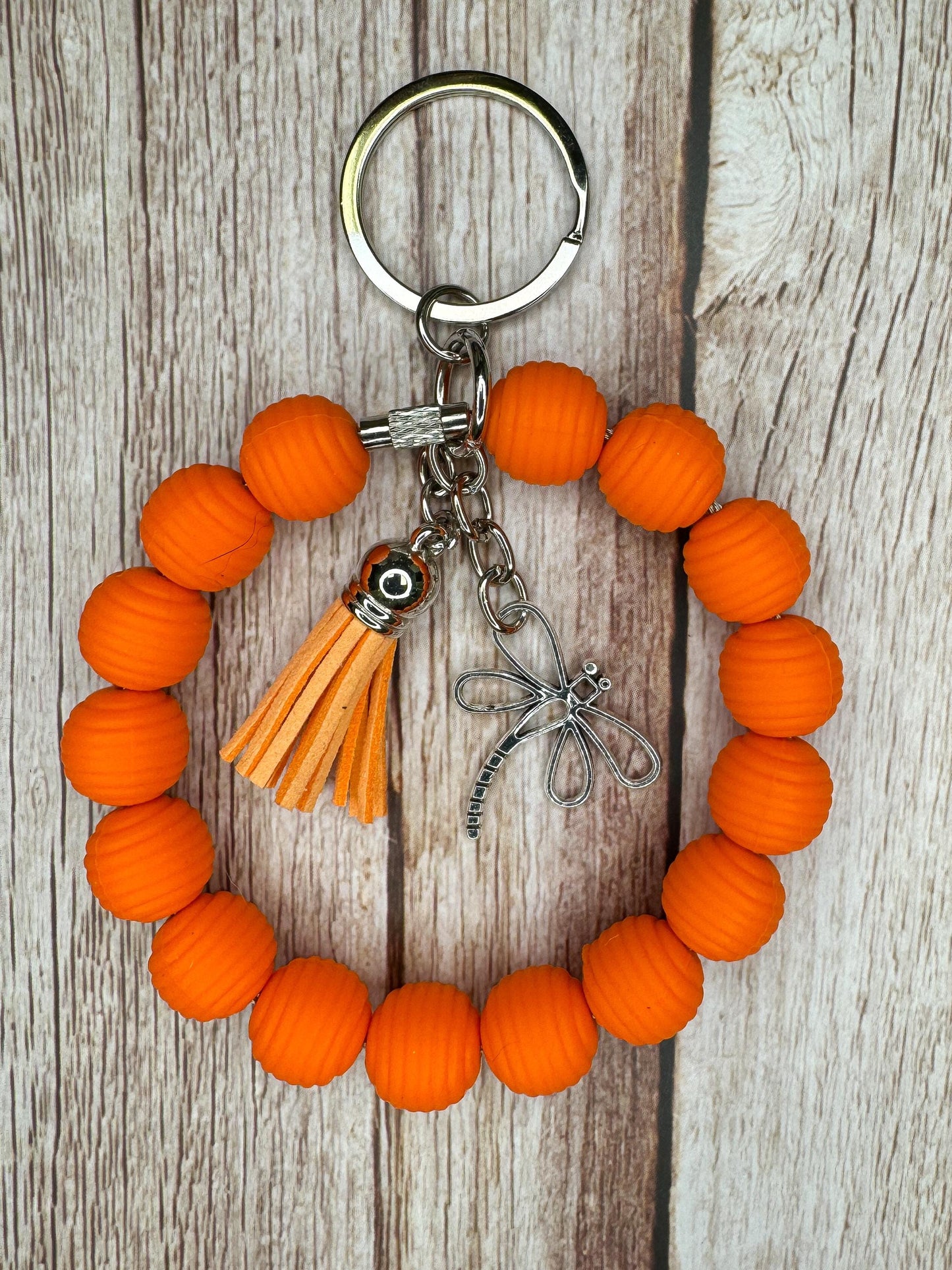 Stainless Steel Cable Wristlet - Silicone Beads, Leather Tassel & Dragonfly Charm