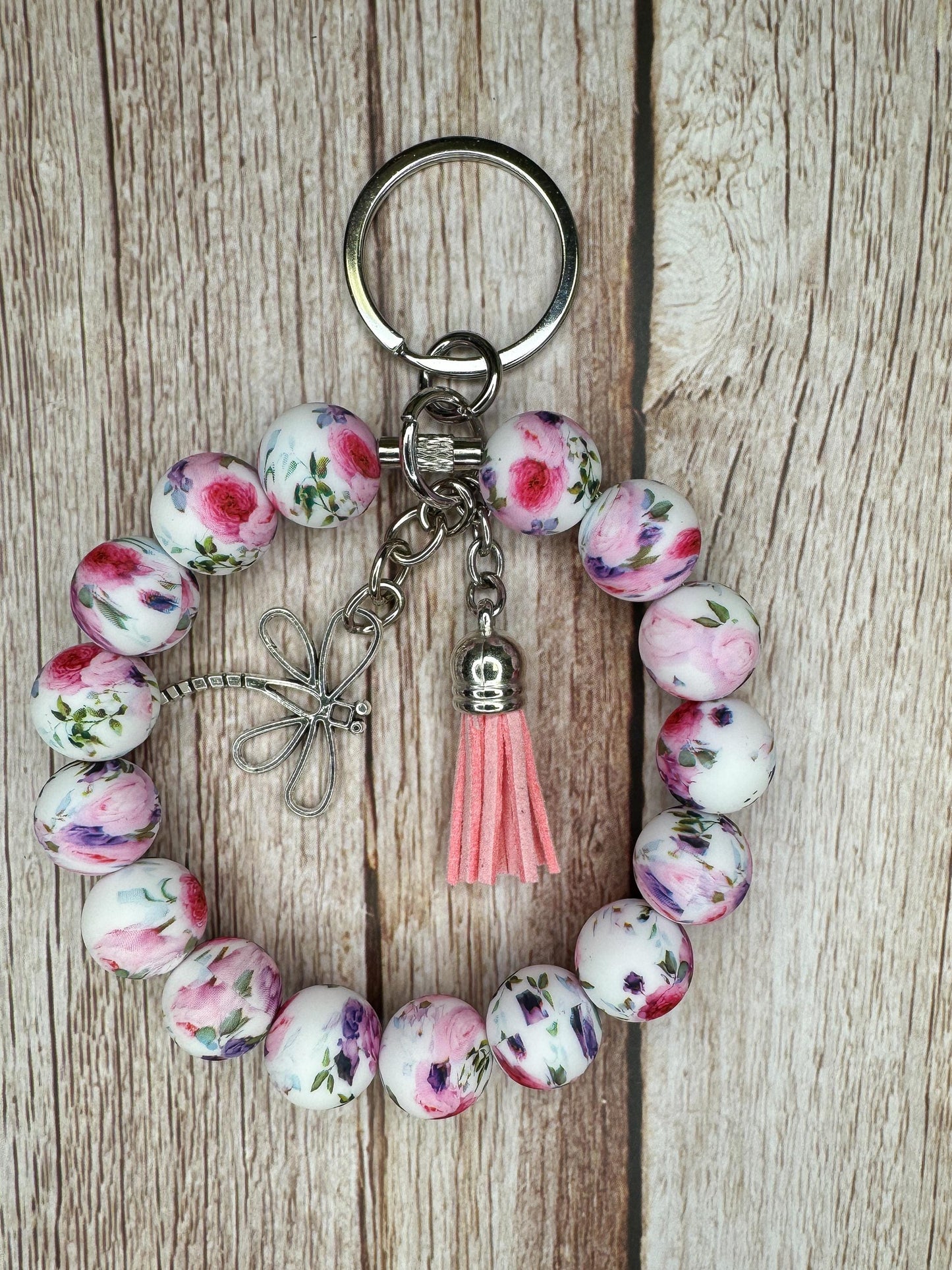 Stainless Steel Cable Wristlet - Silicone Beads, Leather Tassel & Dragonfly Charm