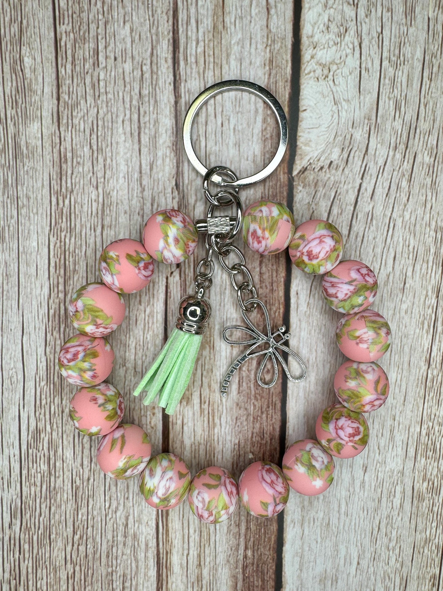 Stainless Steel Cable Wristlet - Silicone Beads, Leather Tassel & Dragonfly Charm