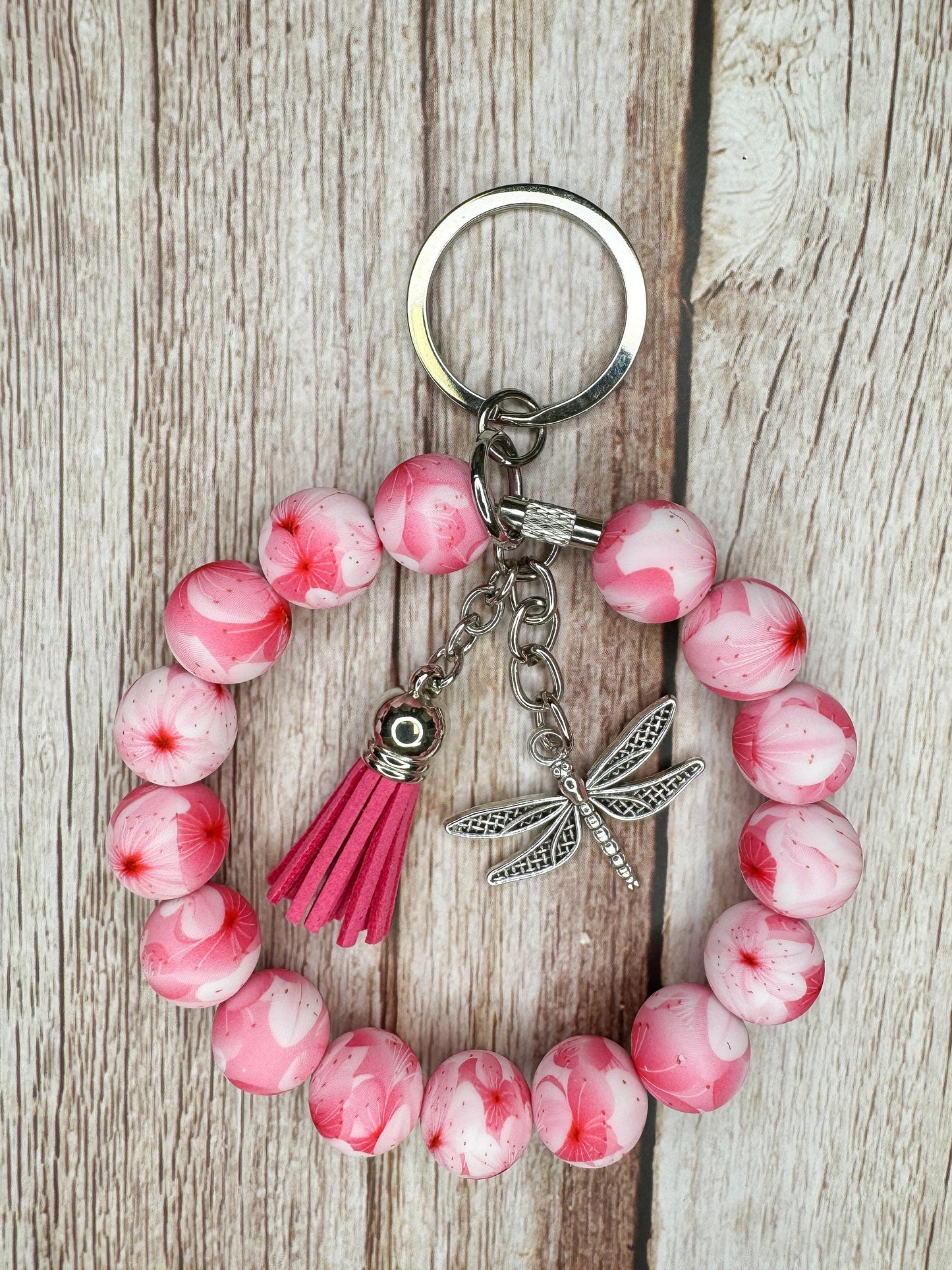 Stainless Steel Cable Wristlet - Silicone Beads, Leather Tassel & Dragonfly Charm