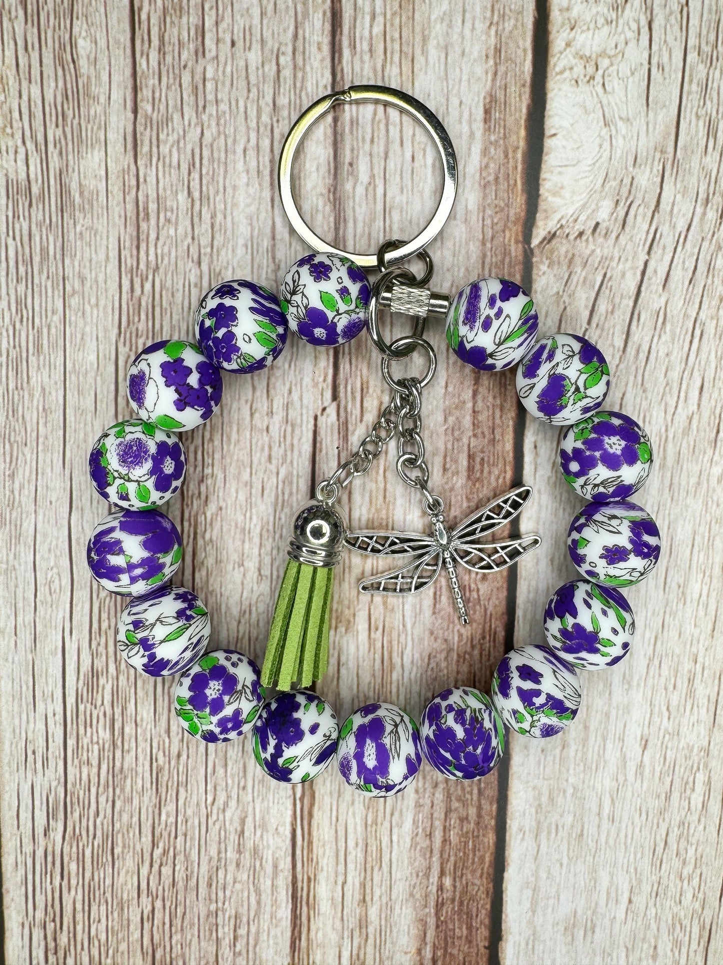 Stainless Steel Cable Wristlet - Silicone Beads, Leather Tassel & Dragonfly Charm