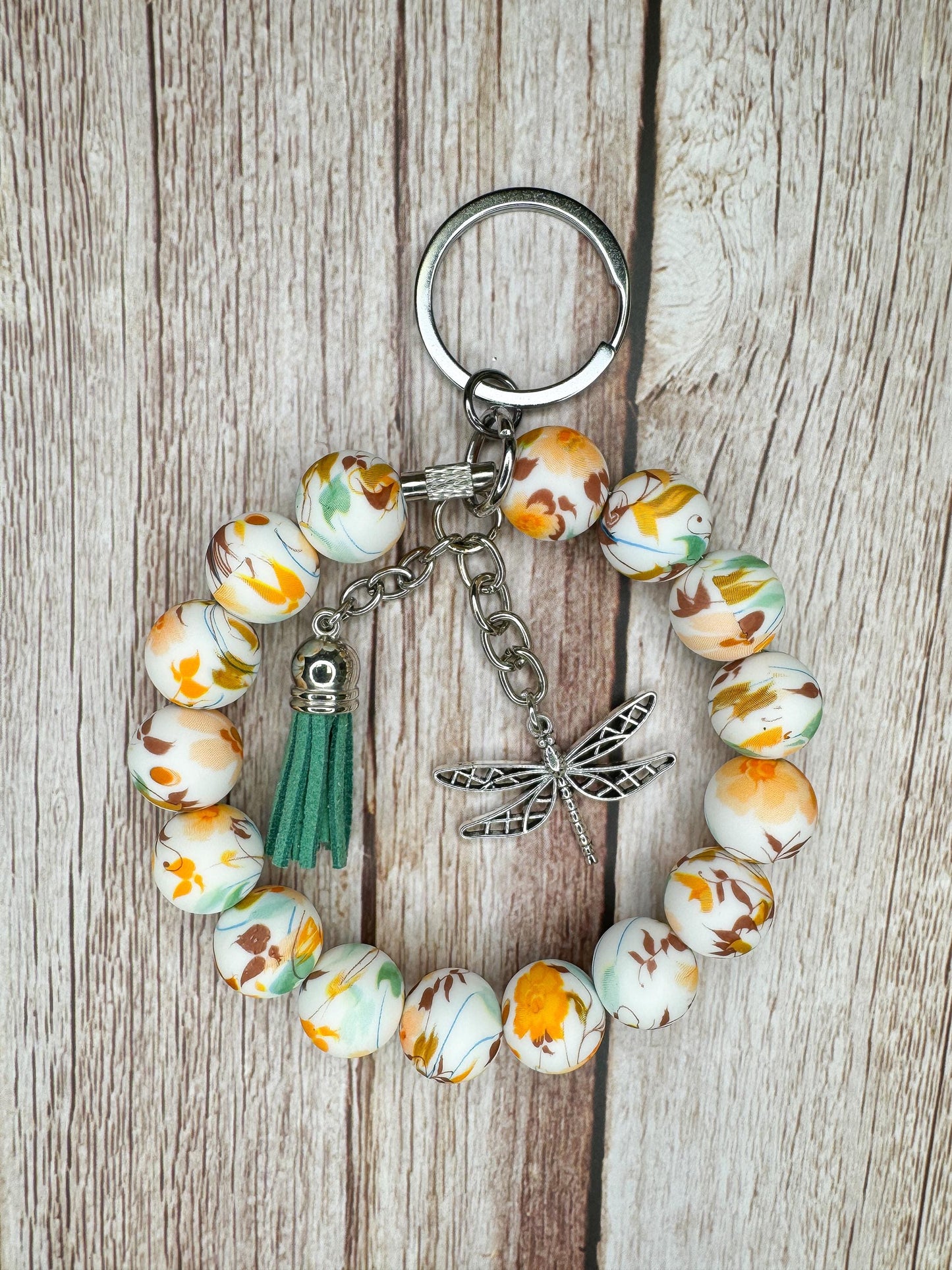 Stainless Steel Cable Wristlet - Silicone Beads, Leather Tassel & Dragonfly Charm