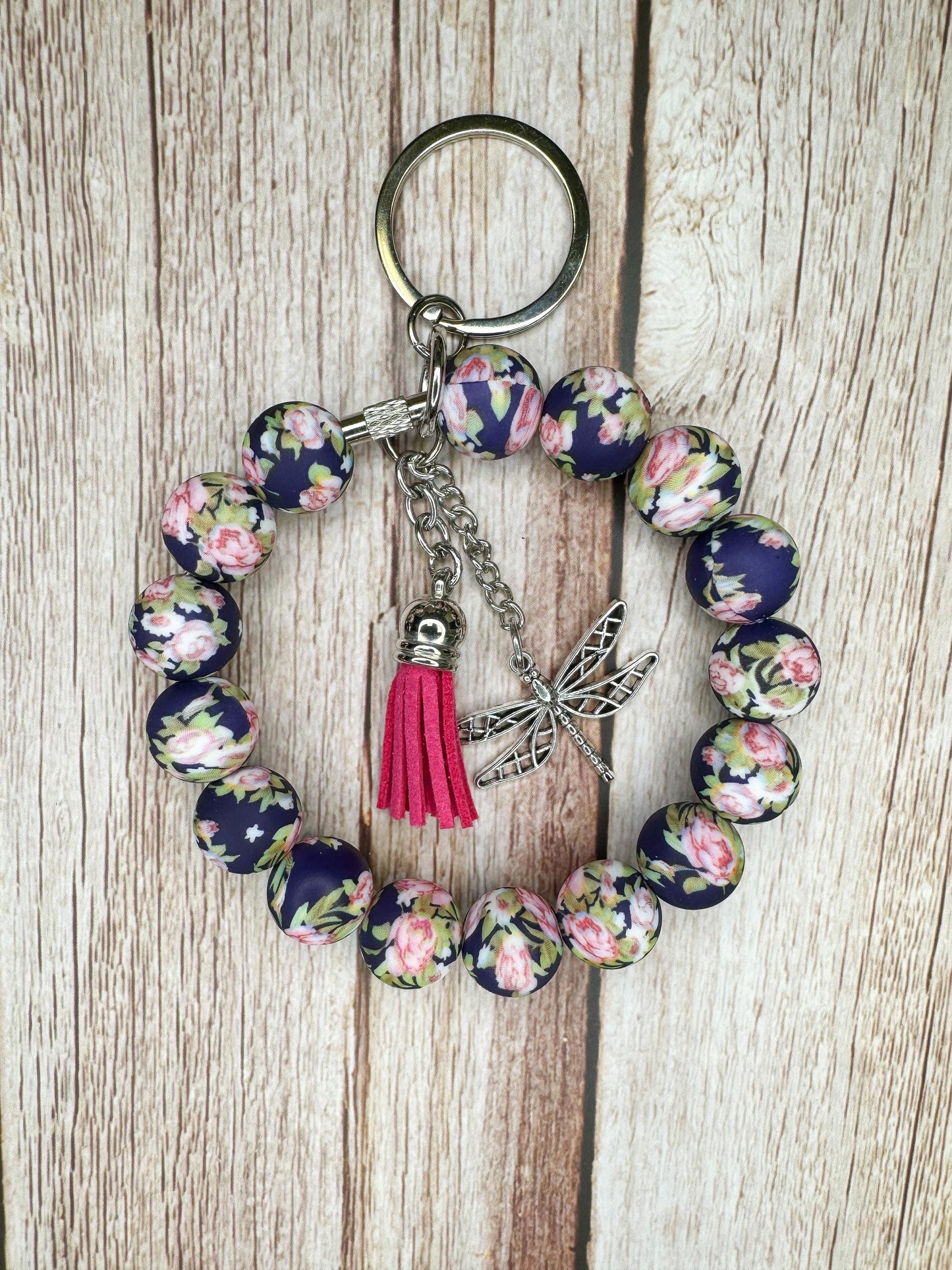 Stainless Steel Cable Wristlet - Silicone Beads, Leather Tassel & Dragonfly Charm