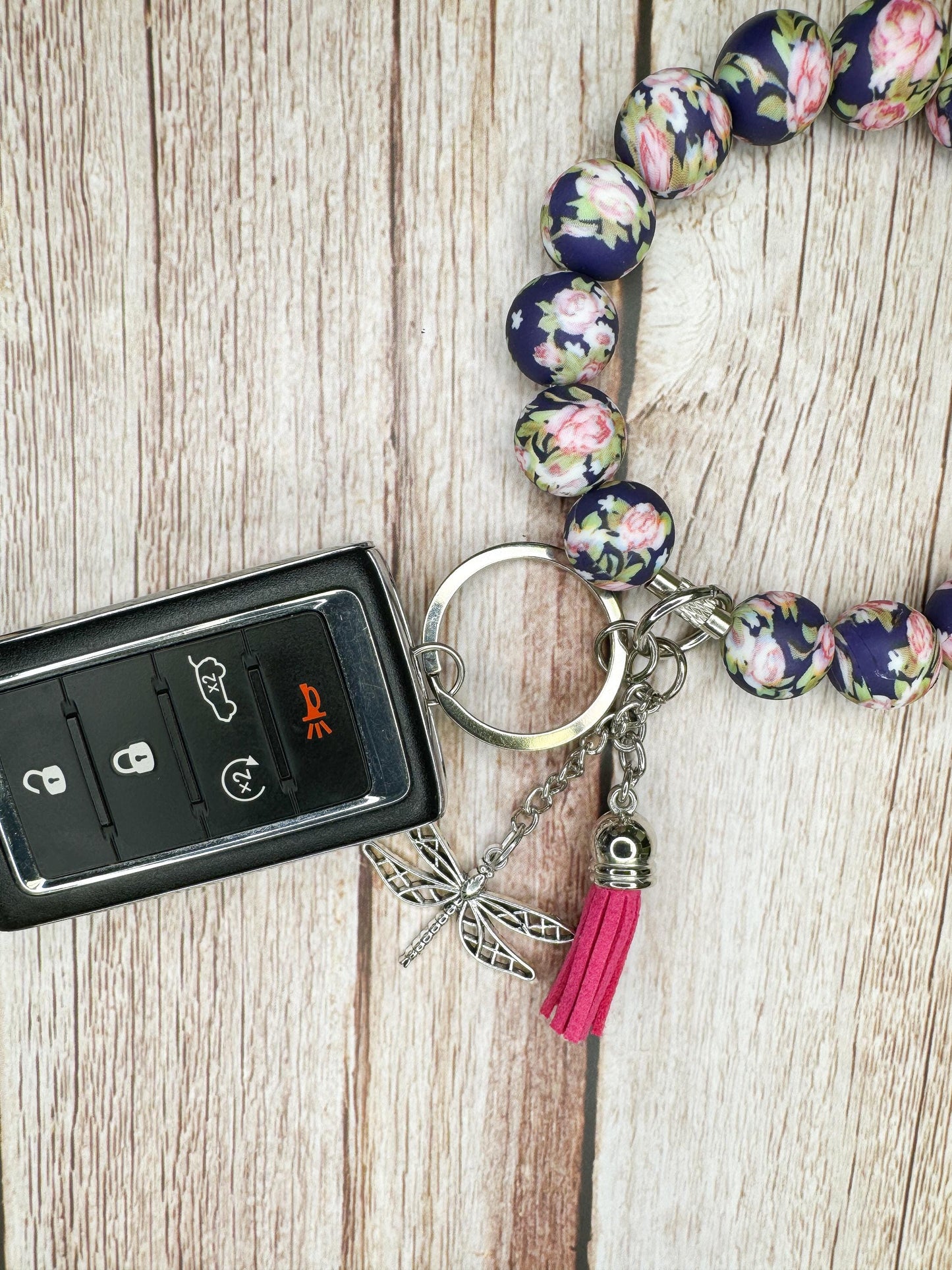 Stainless Steel Cable Wristlet - Silicone Beads, Leather Tassel & Dragonfly Charm