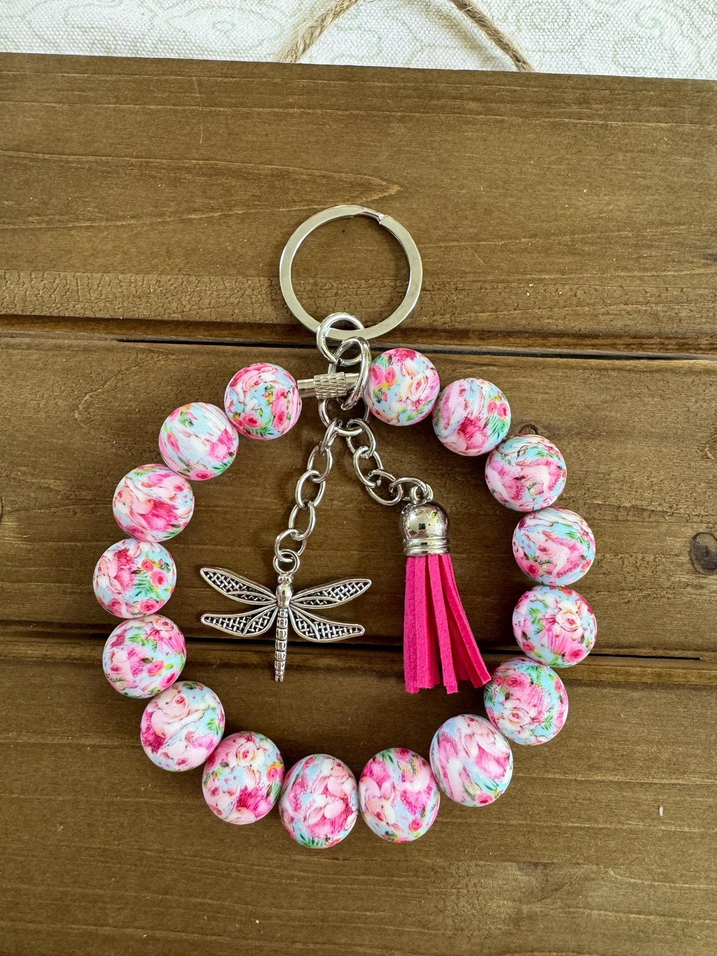 Elegant Stainless Steel Cable Wristlet - Silicone Beads, Leather Tassel & Dragonfly Charm