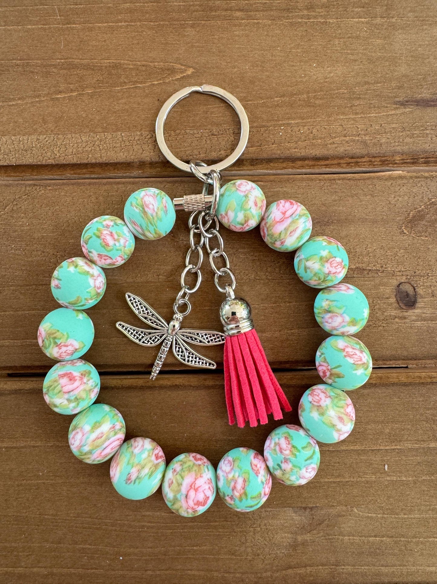 Elegant Stainless Steel Cable Wristlet - Silicone Beads, Leather Tassel & Dragonfly Charm