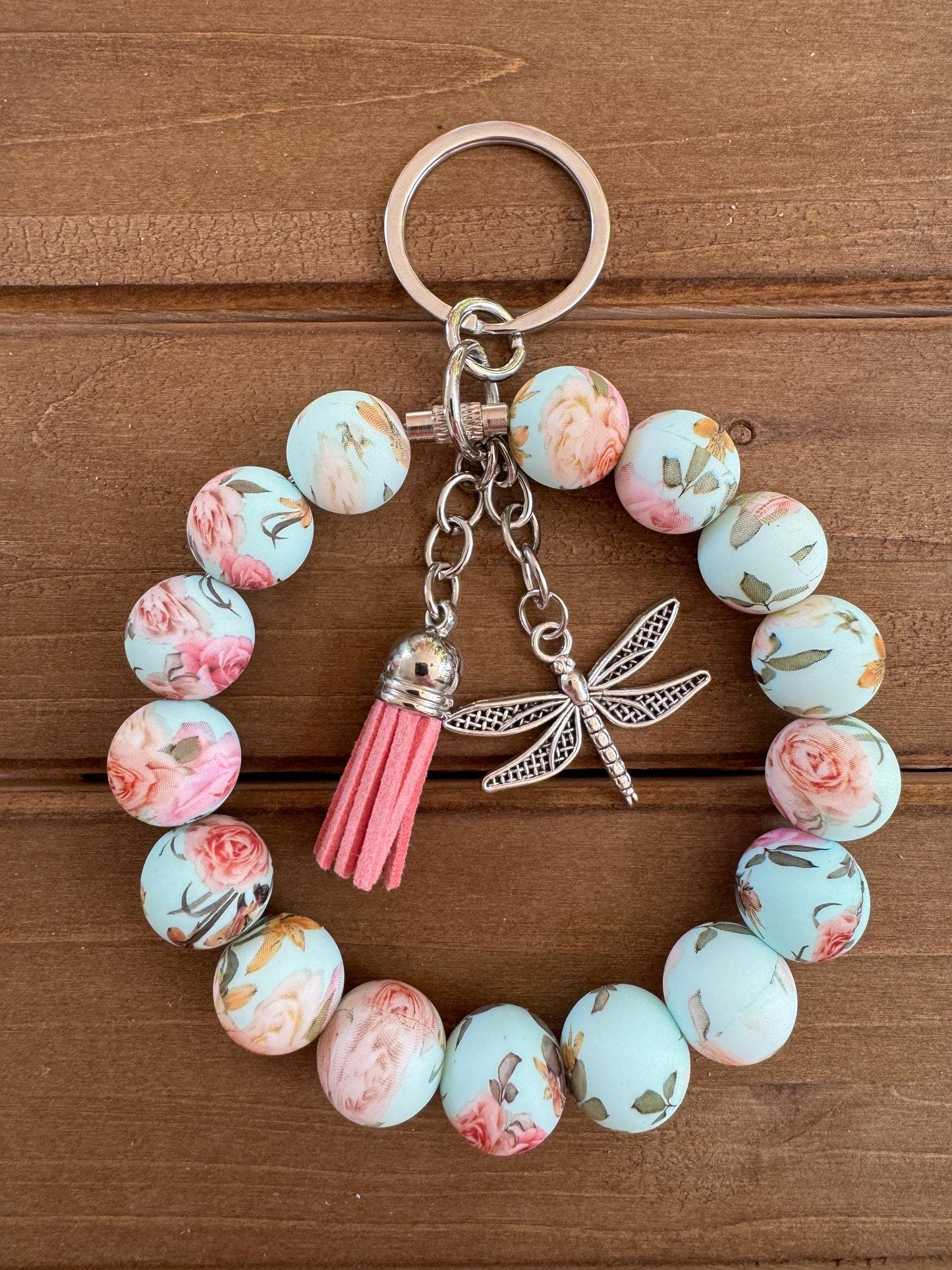 Elegant Stainless Steel Cable Wristlet - Silicone Beads, Leather Tassel & Dragonfly Charm