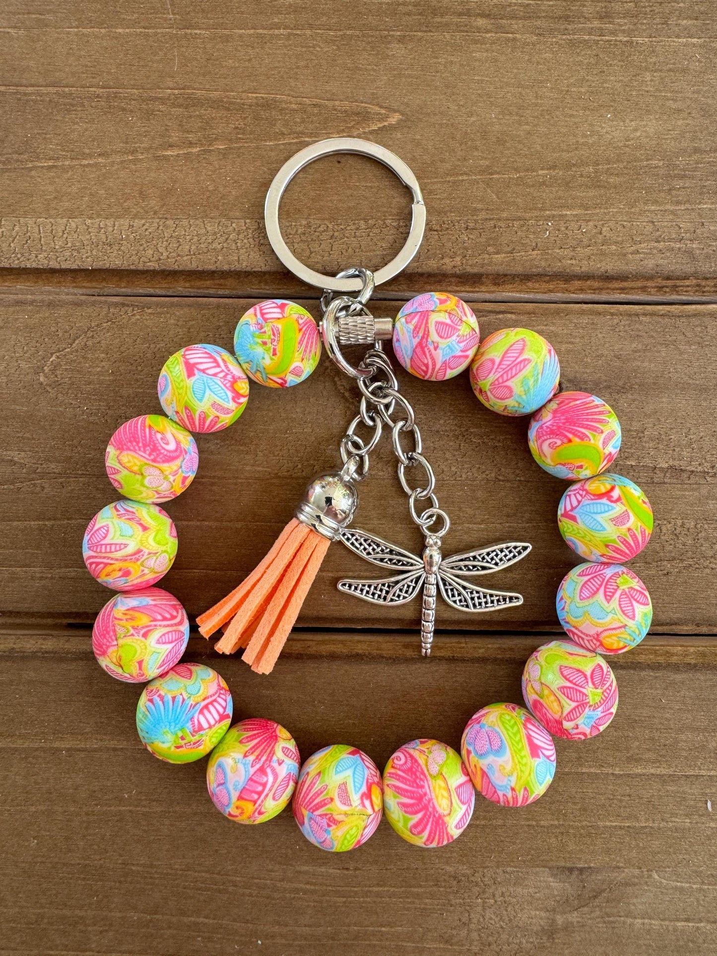 Elegant Stainless Steel Cable Wristlet - Silicone Beads, Leather Tassel & Dragonfly Charm