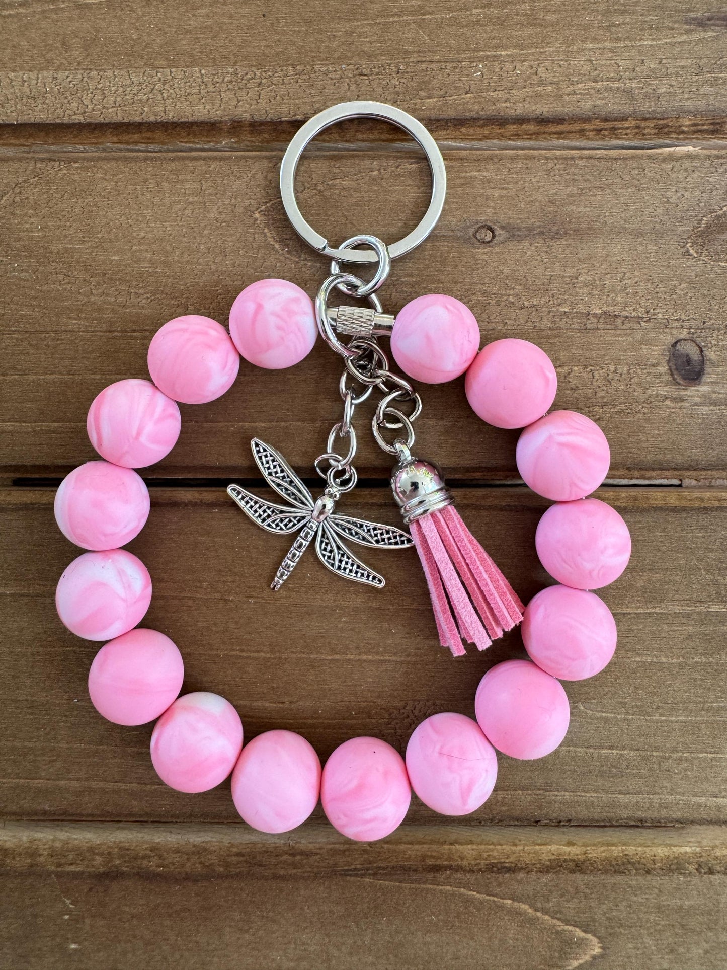 Elegant Stainless Steel Cable Wristlet - Silicone Beads, Leather Tassel & Dragonfly Charm