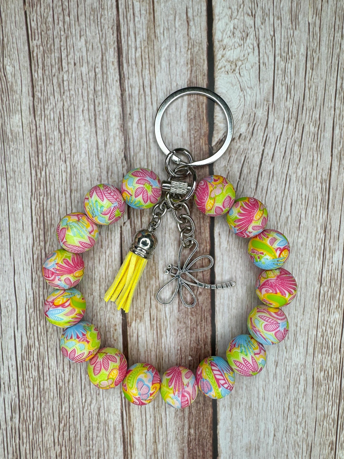 Stainless Steel Cable Wristlet - Silicone Beads, Leather Tassel & Dragonfly Charm