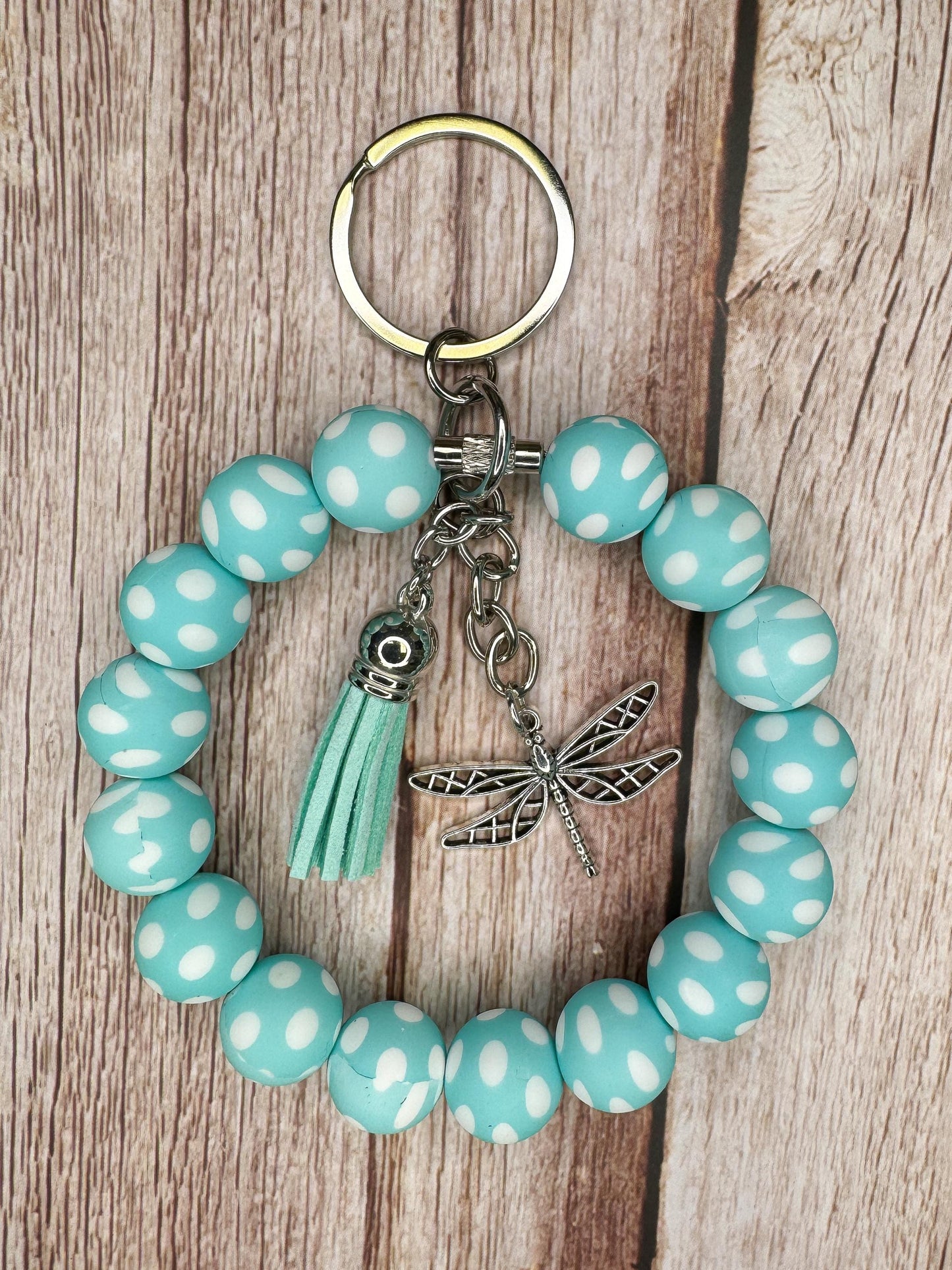 Stainless Steel Cable Wristlet - Silicone Beads, Leather Tassel & Dragonfly Charm