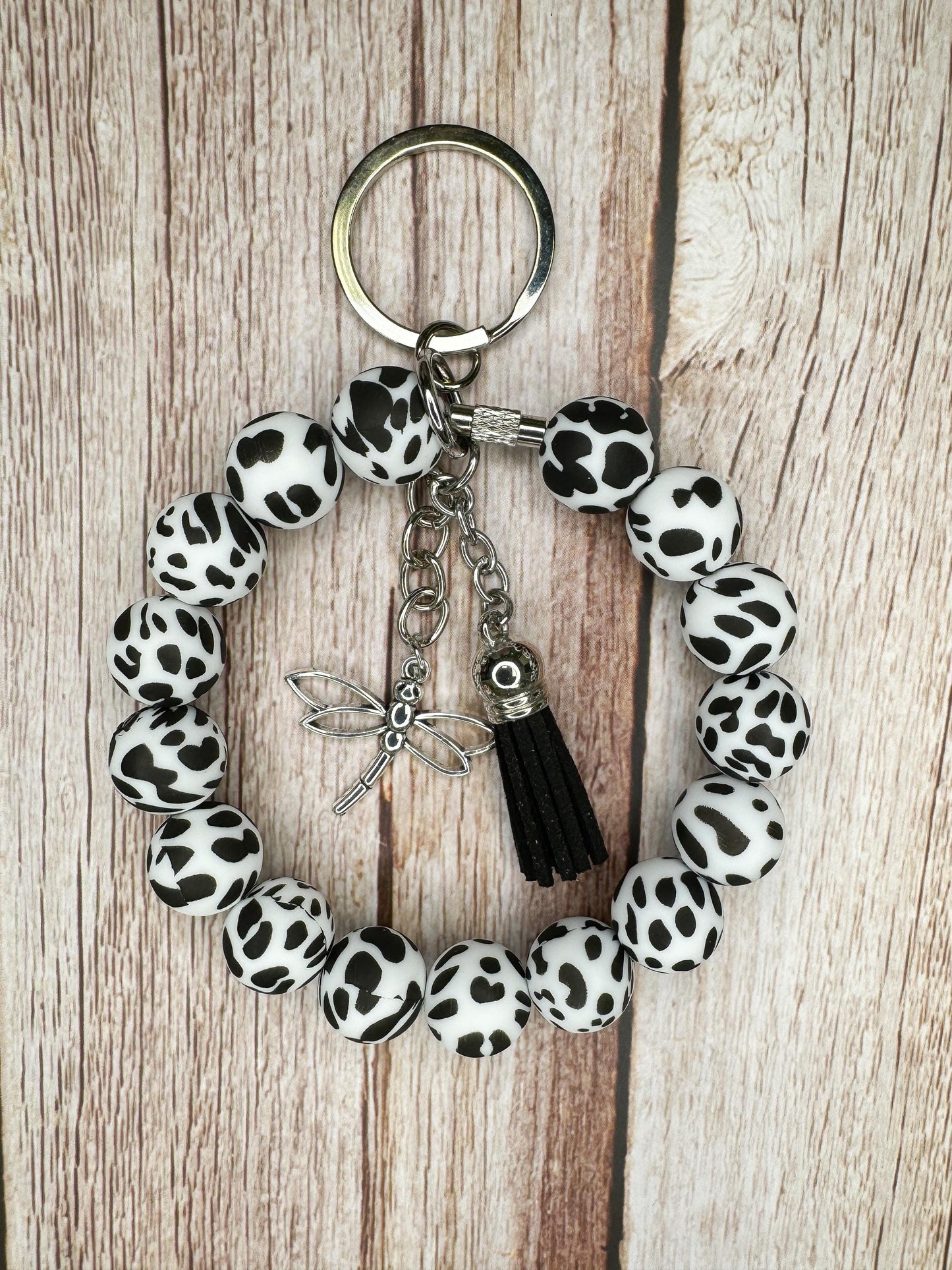 Stainless Steel Cable Wristlet - Silicone Beads, Leather Tassel & Dragonfly Charm