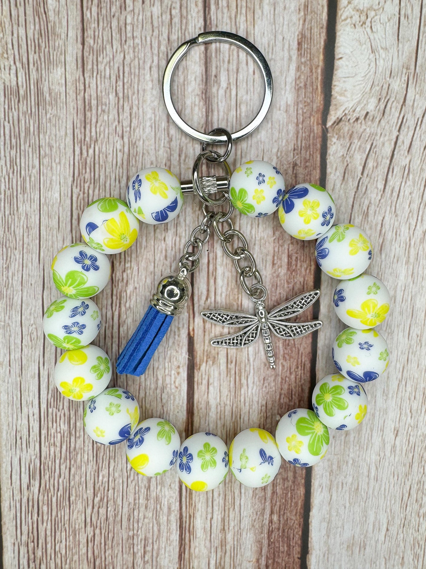 Stainless Steel Cable Wristlet - Silicone Beads, Leather Tassel & Dragonfly Charm