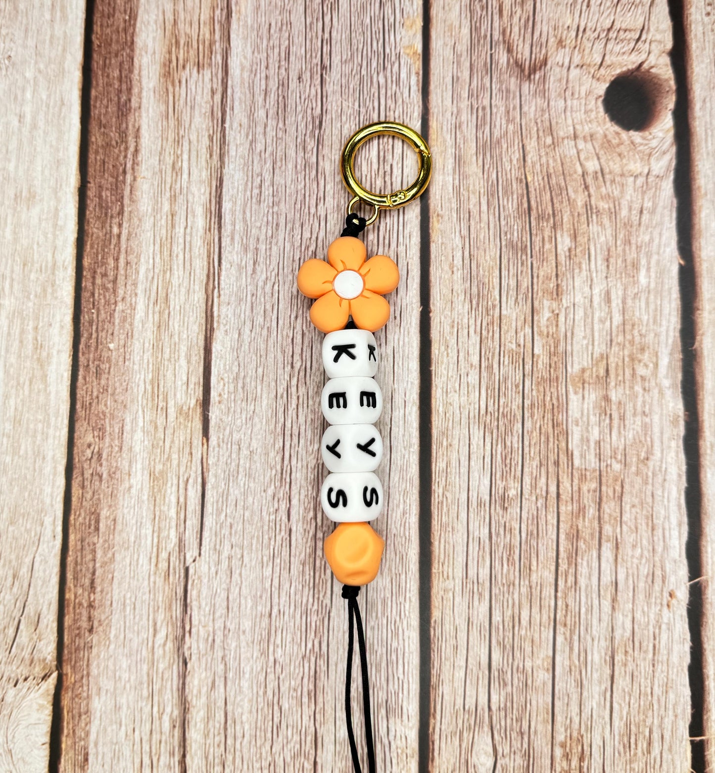 Customizable Name Keychain - Flower Bead & Silicone Letter Beads Golden Personalized Key Ring