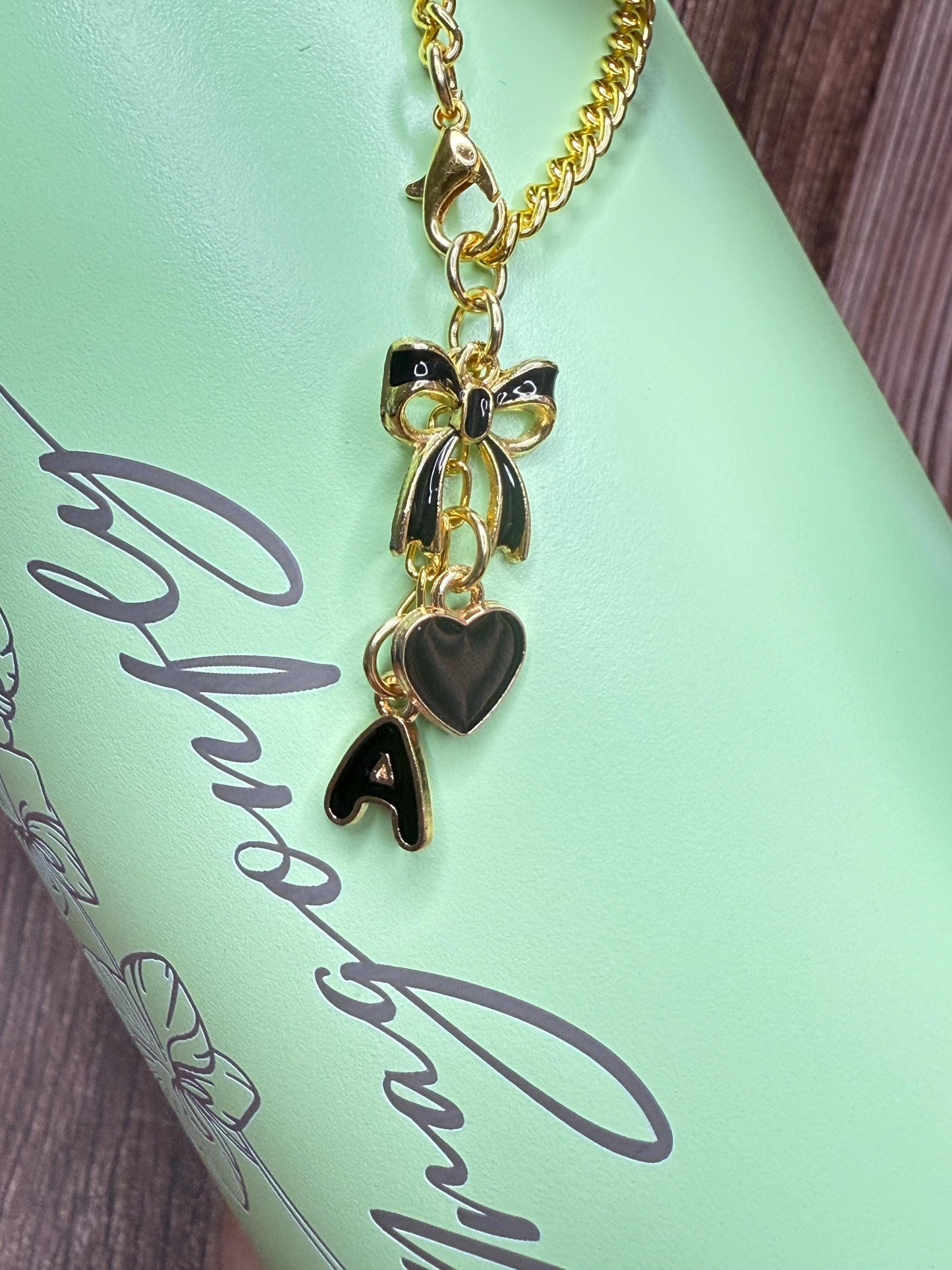 Personalized Initial Tumbler Charm: Gold Chain Bow & Heart - Stanley Cup Accessory