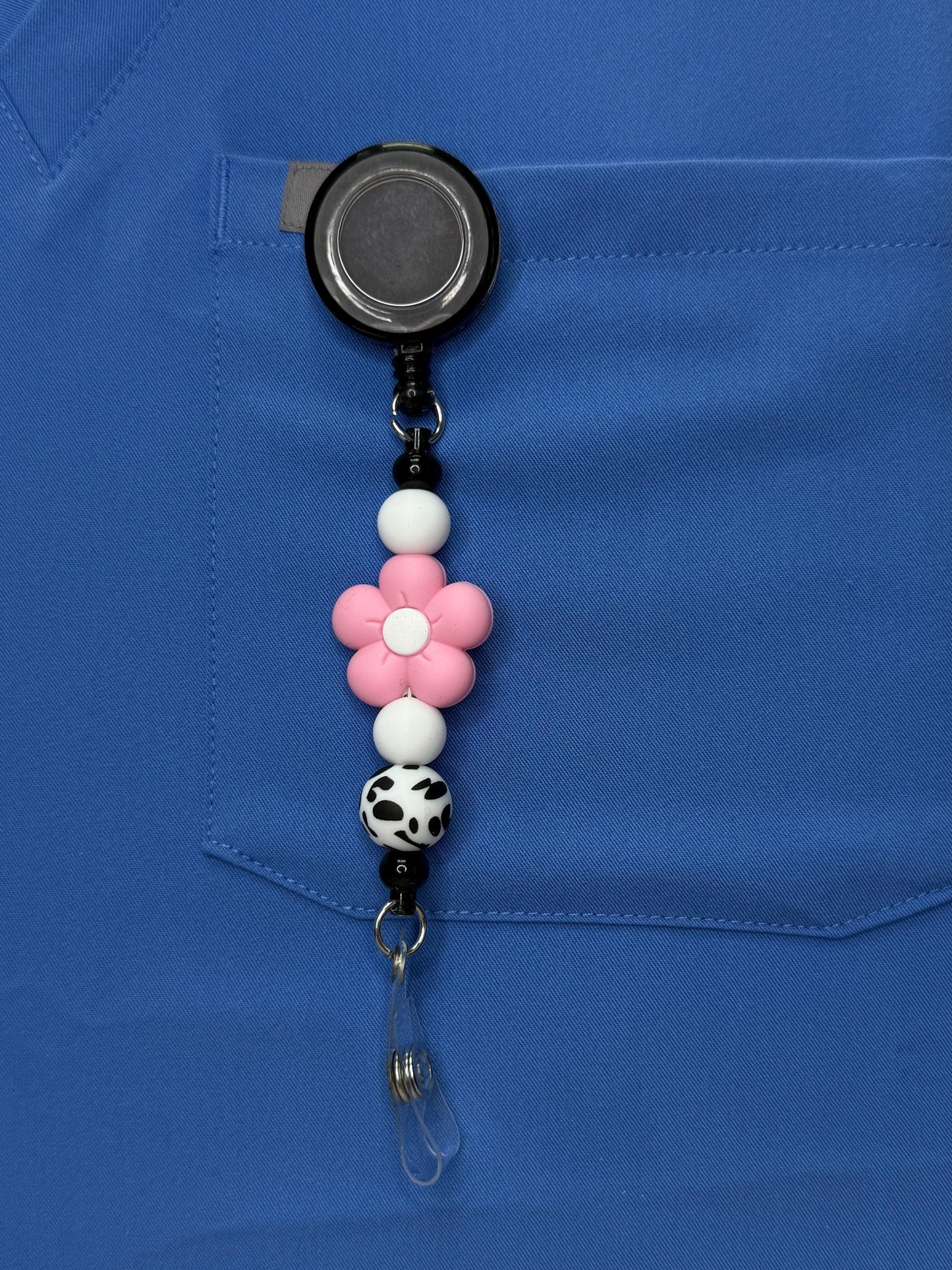 Floral Pop Beaded Badge Reel | 1” Silicone Flower ID Holder | Retractable Badge Clip for Nurses, PSWs, Vet Techs, Dental & More