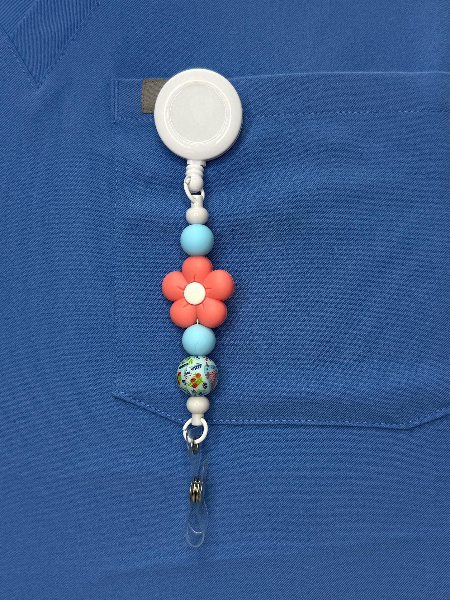 Floral Pop Beaded Badge Reel | 1” Silicone Flower ID Holder | Retractable Badge Clip for Nurses, PSWs, Vet Techs, Dental & More