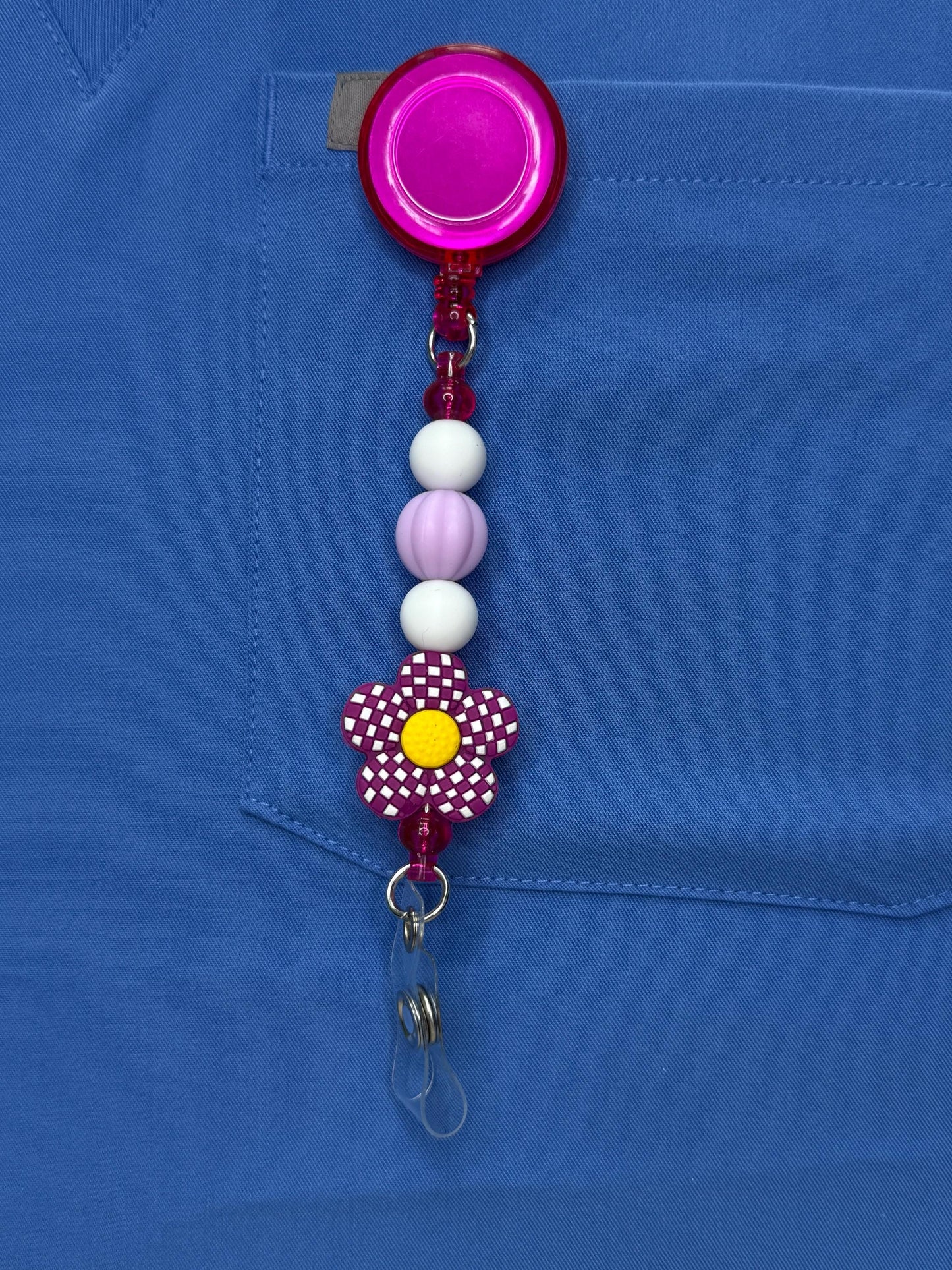 Medical Id Beaded Badge Reel Five-Petal Flower Focal Retractable ID Holder for Nurses, Rpn, Rn and PSWs, Vet Tech, Dentistry Grad Gift
