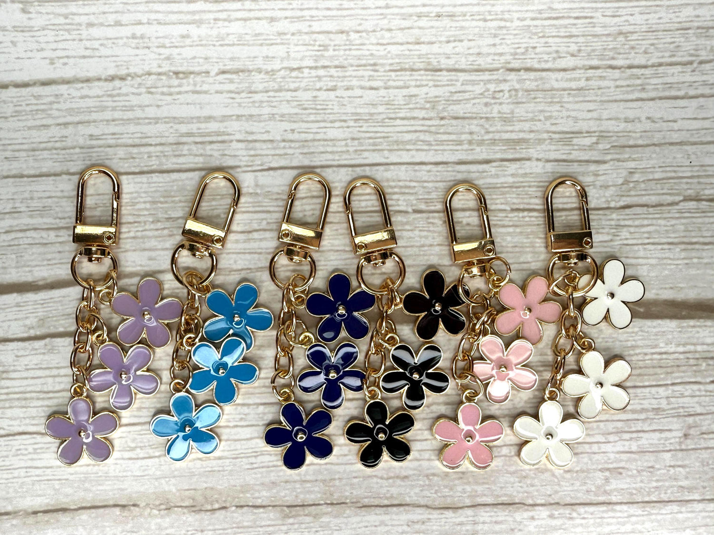 Triple Bloom Enamel Flower Charm | Gold Accent Purse Charm | Keychain for Bags, Keys Backpacks | Choose Your Color | Camino, Yeti, Stanley