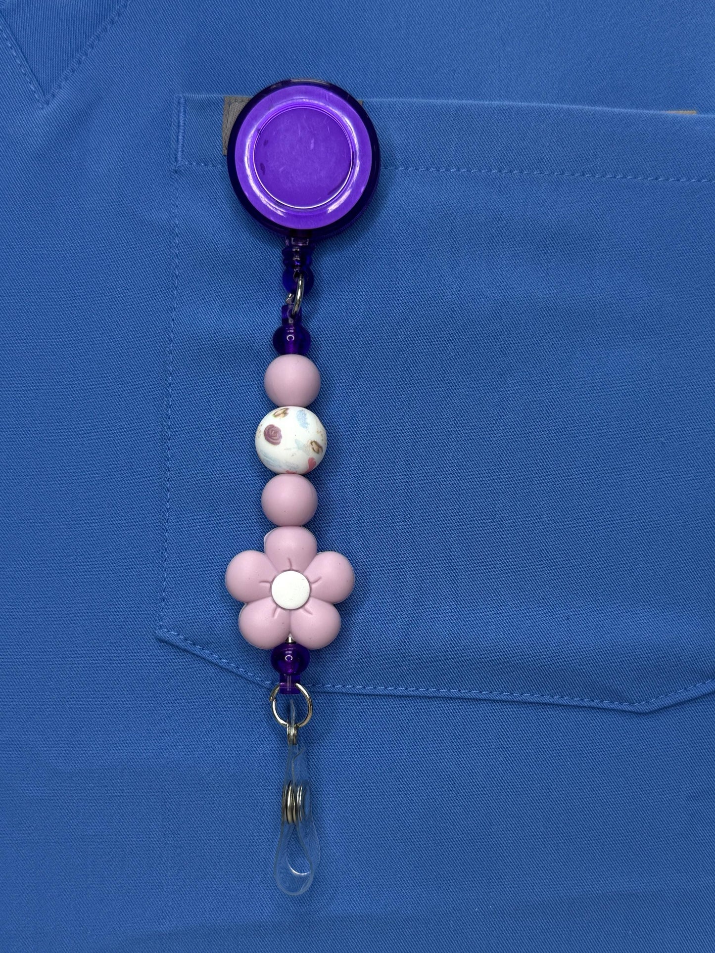 Beaded Nurse Badge Reel: Five-Petal Flower, Retractable ID Holder
