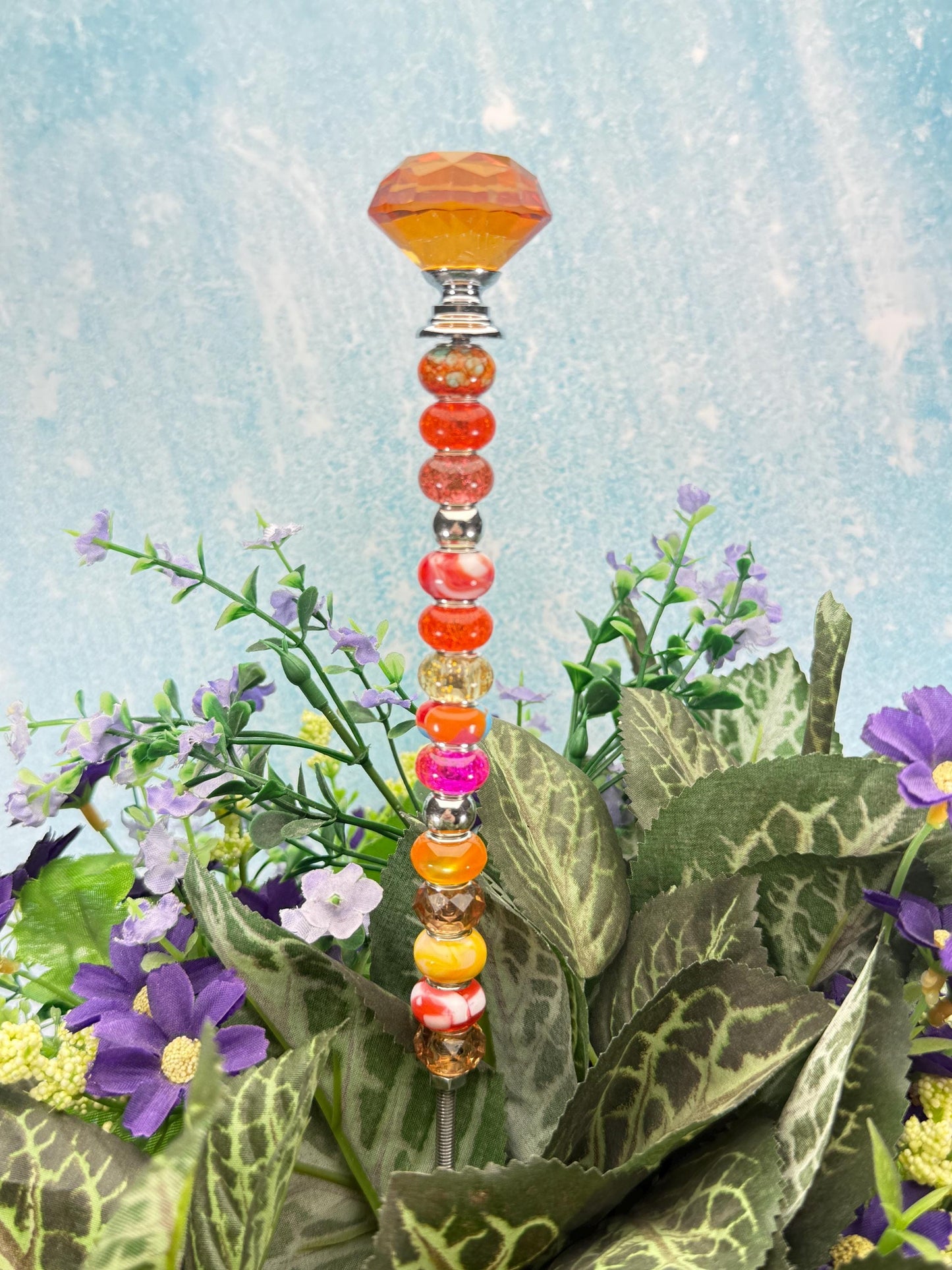 Fairy Garden Suncatcher Stakes – 15” Diamond-Topped Beaded Plant Decor for Gardens, Gifts & Planters