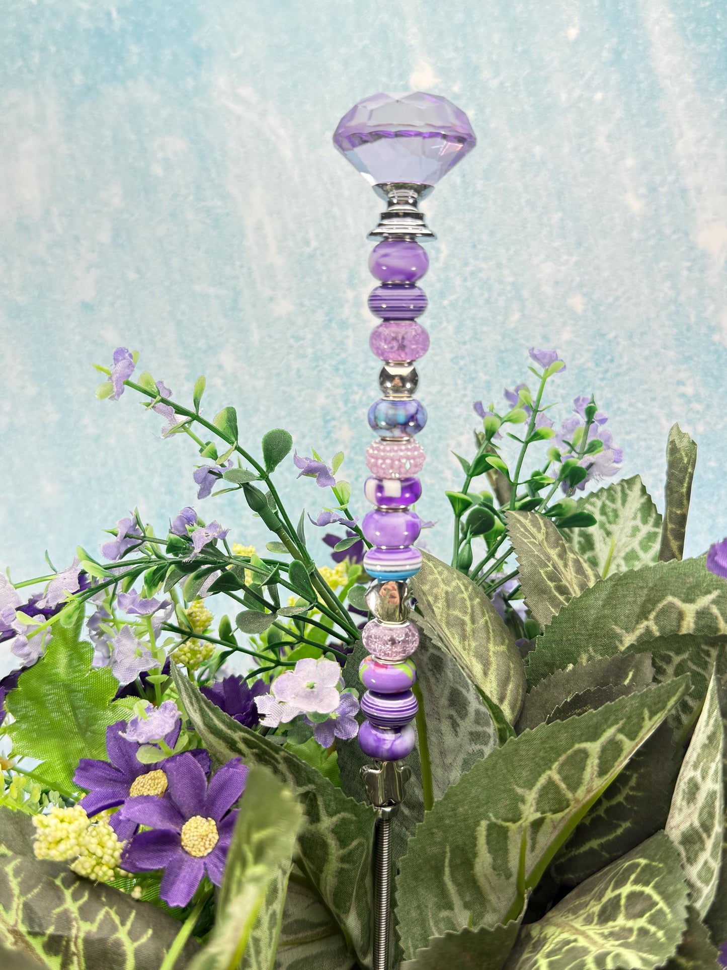 Fairy Garden Suncatcher Stakes – 15” Diamond-Topped Beaded Plant Decor for Gardens, Gifts & Planters