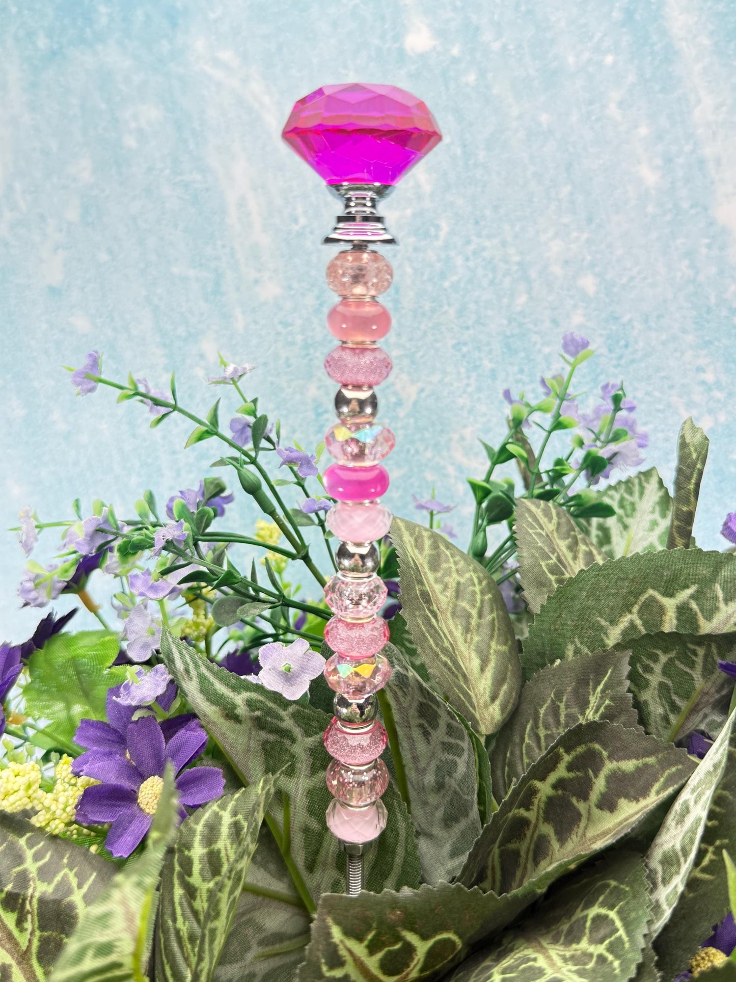 Fairy Garden Suncatcher Stakes – 15” Diamond-Topped Beaded Plant Decor for Gardens, Gifts & Planters