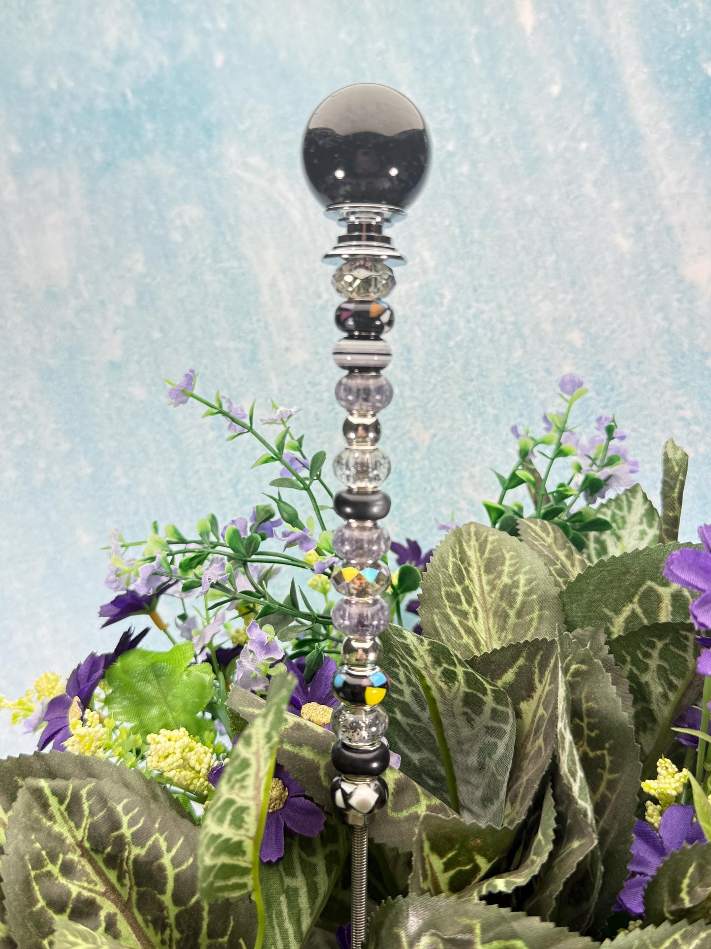 Fairy Garden Suncatcher Stakes – 15” Beaded Plant Decor with Crystal Bubble Ball Topper