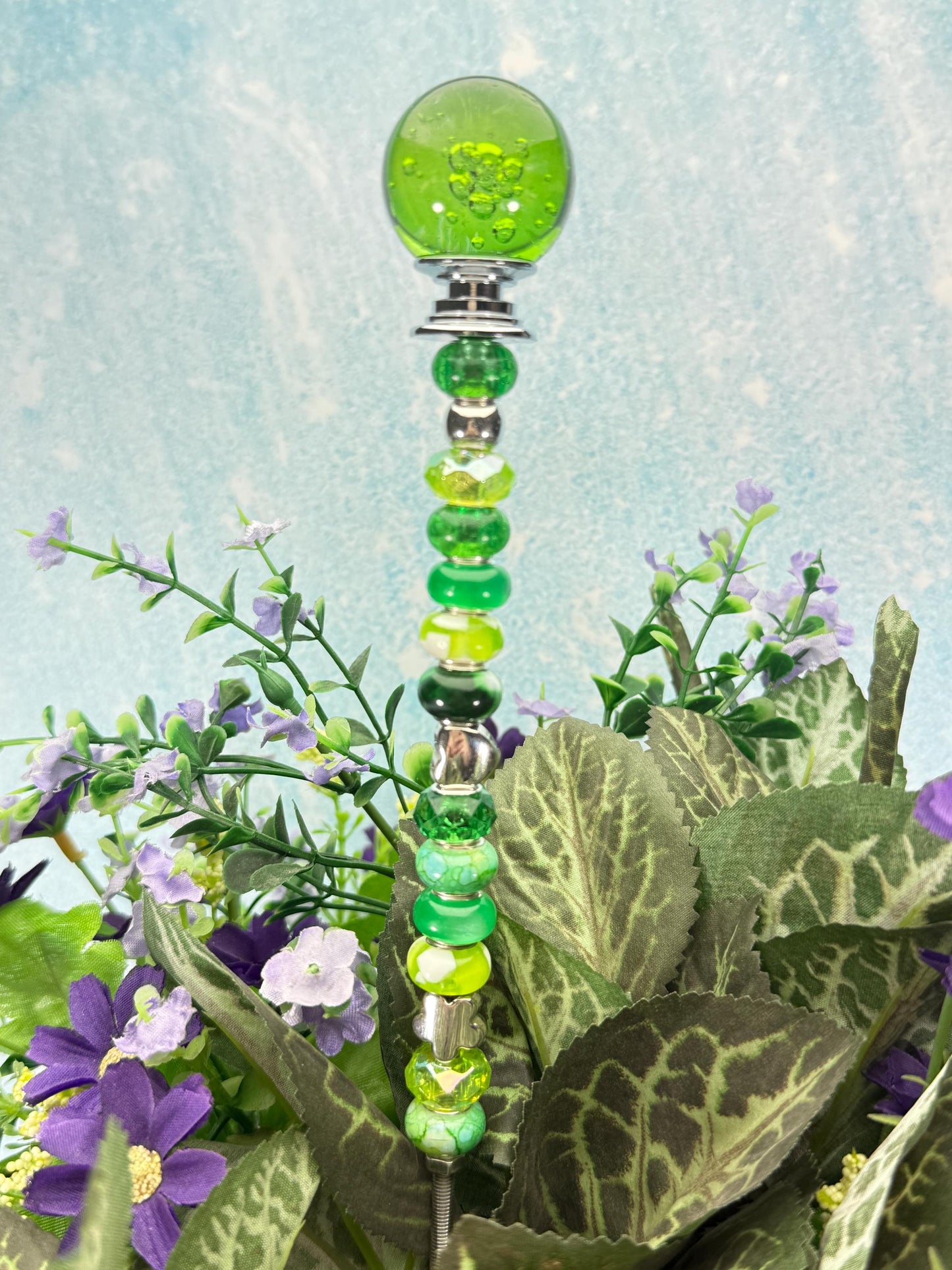 Fairy Garden Suncatcher Stakes – 15” Beaded Plant Decor with Crystal Bubble Ball Topper