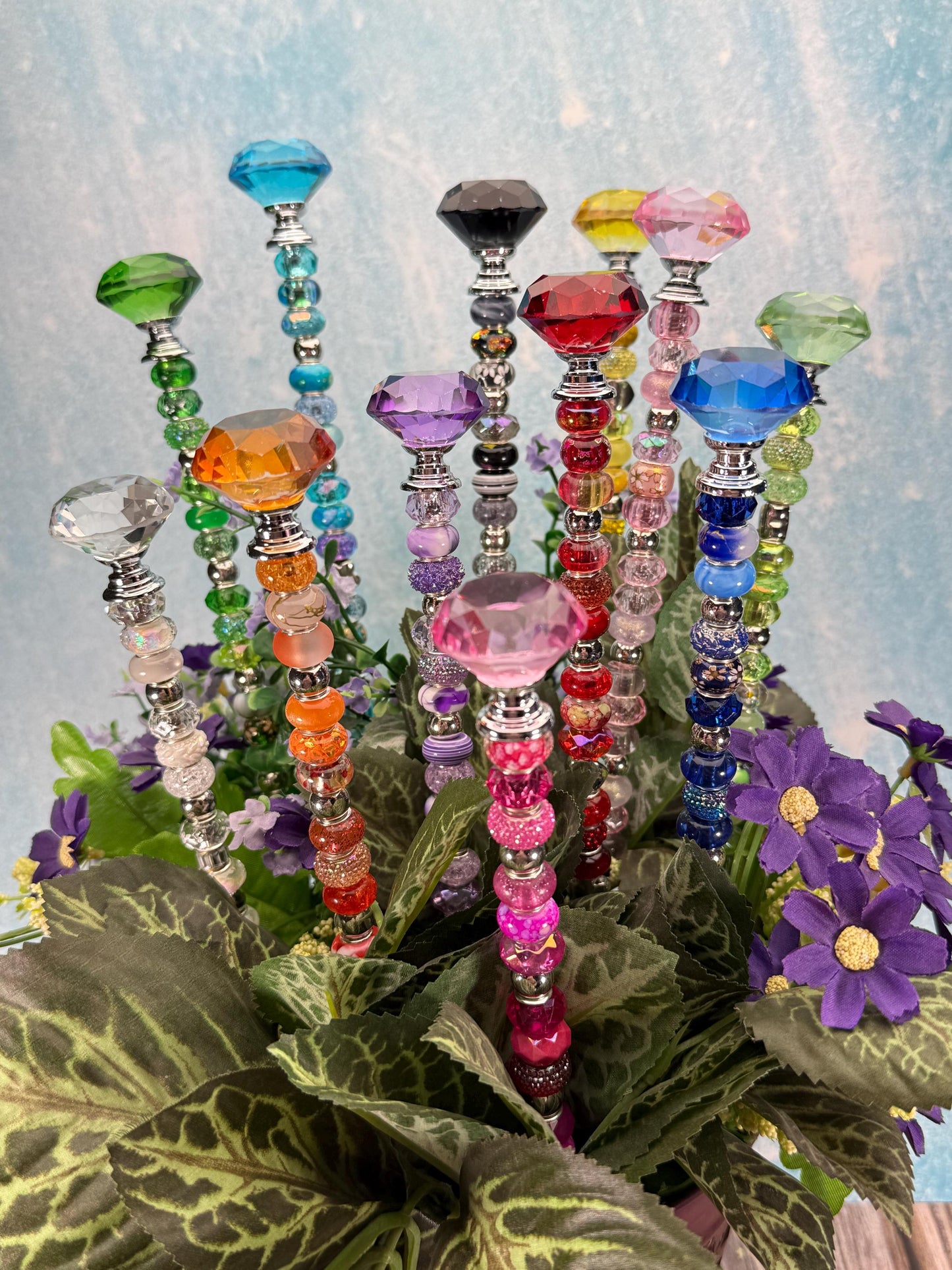 Fairy Garden Suncatcher Stakes – 15” Diamond-Topped Beaded Plant Decor for Gardens, Gifts & Planters