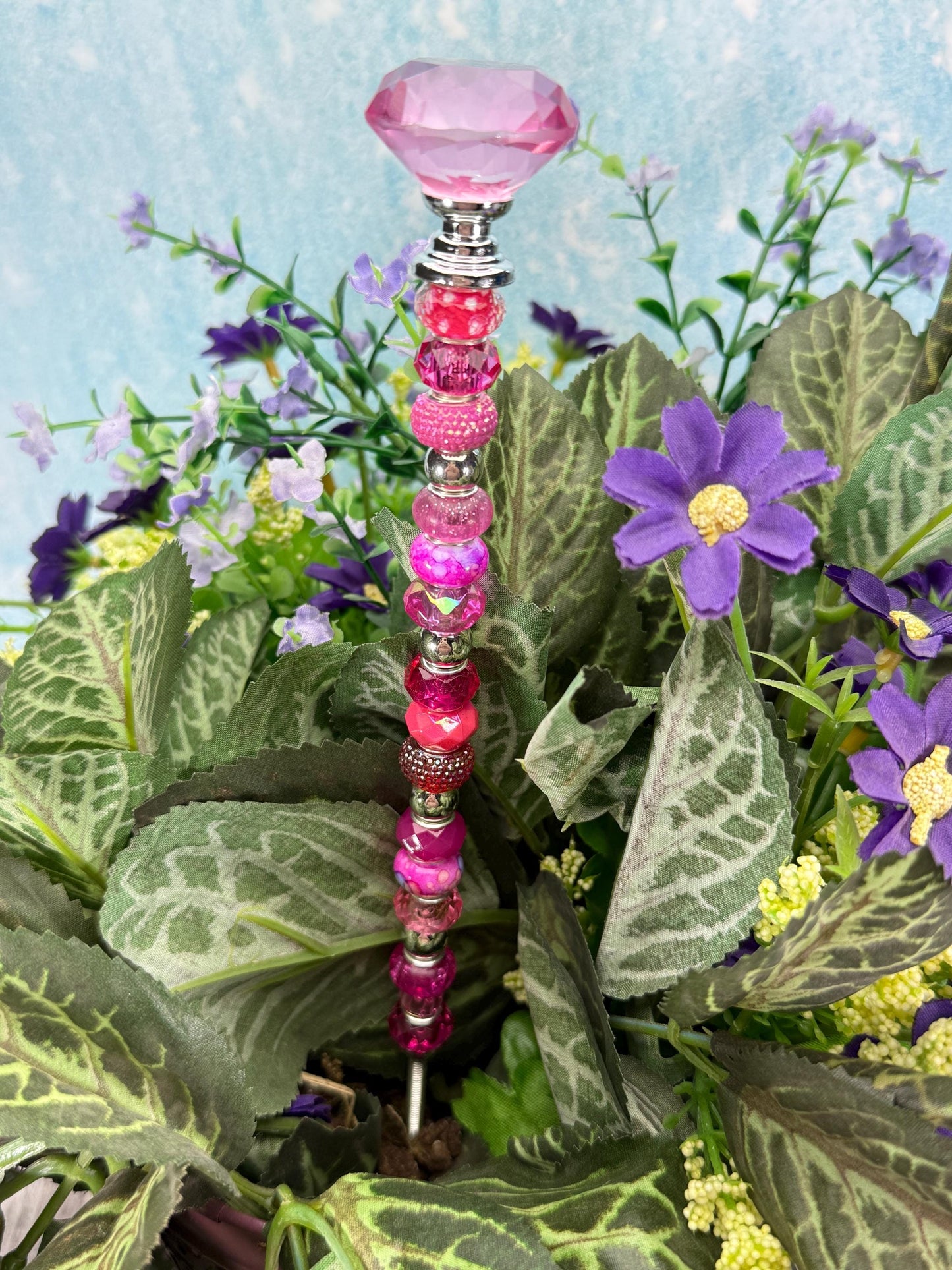 Fairy Garden Suncatcher Stakes – 15” Diamond-Topped Beaded Plant Decor for Gardens, Gifts & Planters