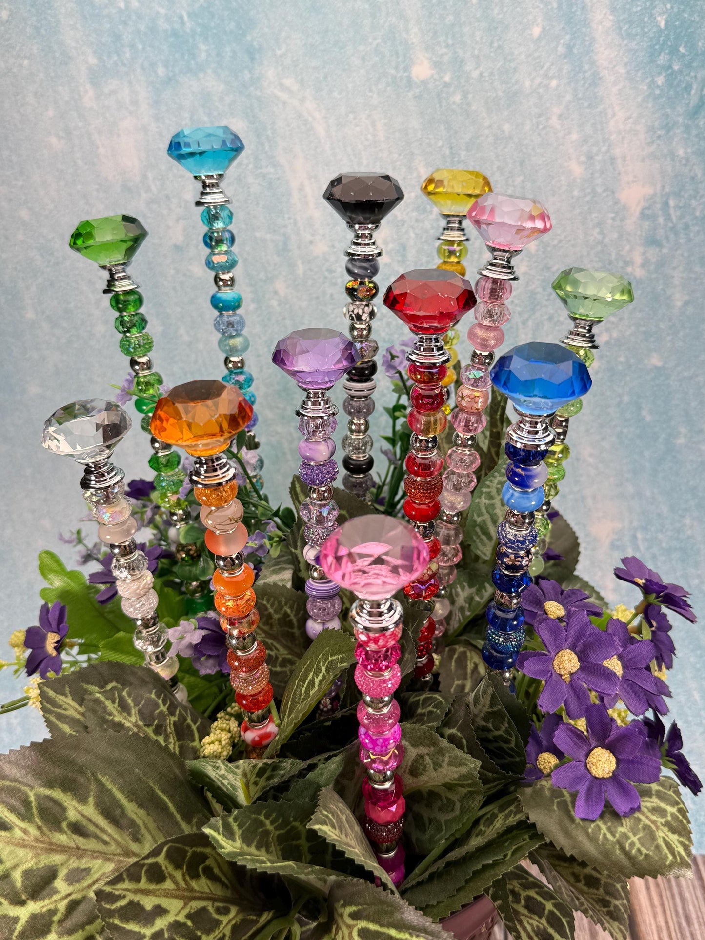 Fairy Garden Suncatcher Stakes – 15” Diamond-Topped Beaded Plant Decor for Gardens, Gifts & Planters