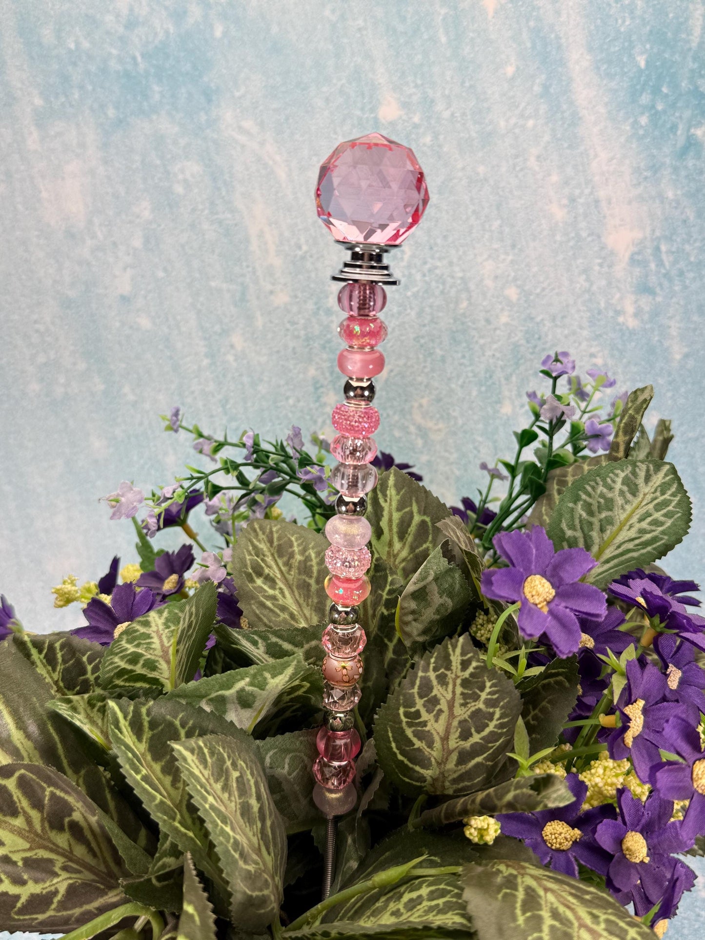 Fairy Garden Suncatcher Stakes – 15” Beaded Plant Decor with Crystal Disco Ball Topper