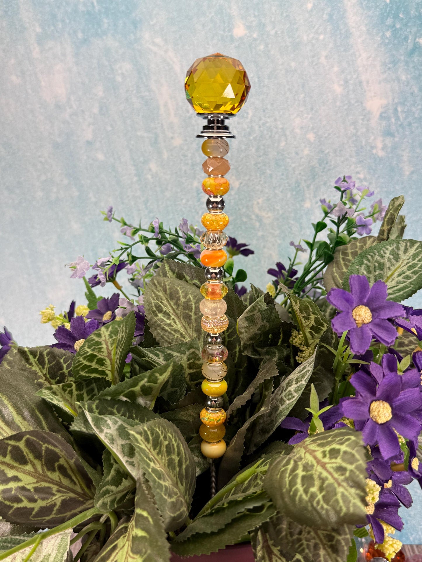 Fairy Garden Suncatcher Stakes – 15” Beaded Plant Decor with Crystal Disco Ball Topper