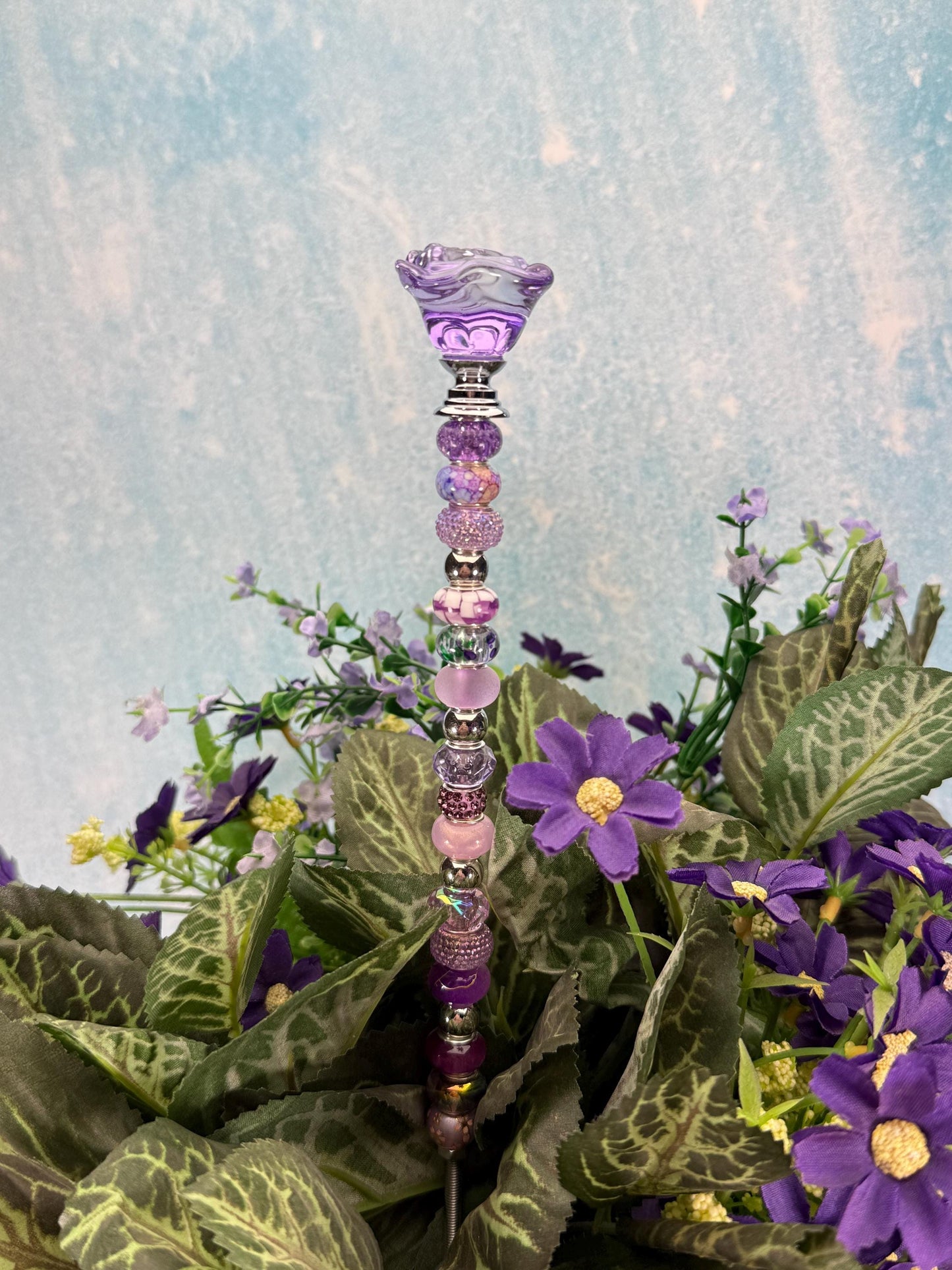Fairy Garden Suncatcher Stakes – 15” Beaded Plant Decor with Glass Rose Topper