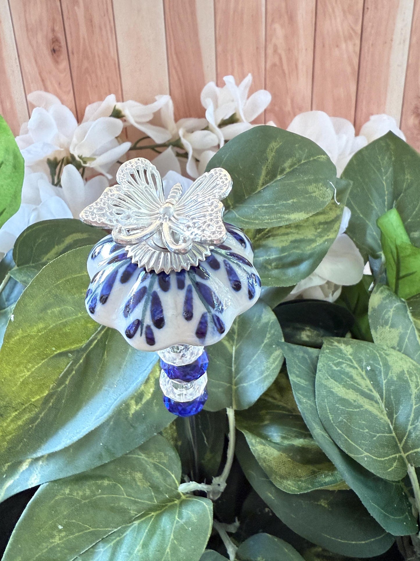 Butterfly Garden Suncatcher Stakes – 10” Beaded Plant Decor with Ceramic and metal bug topper