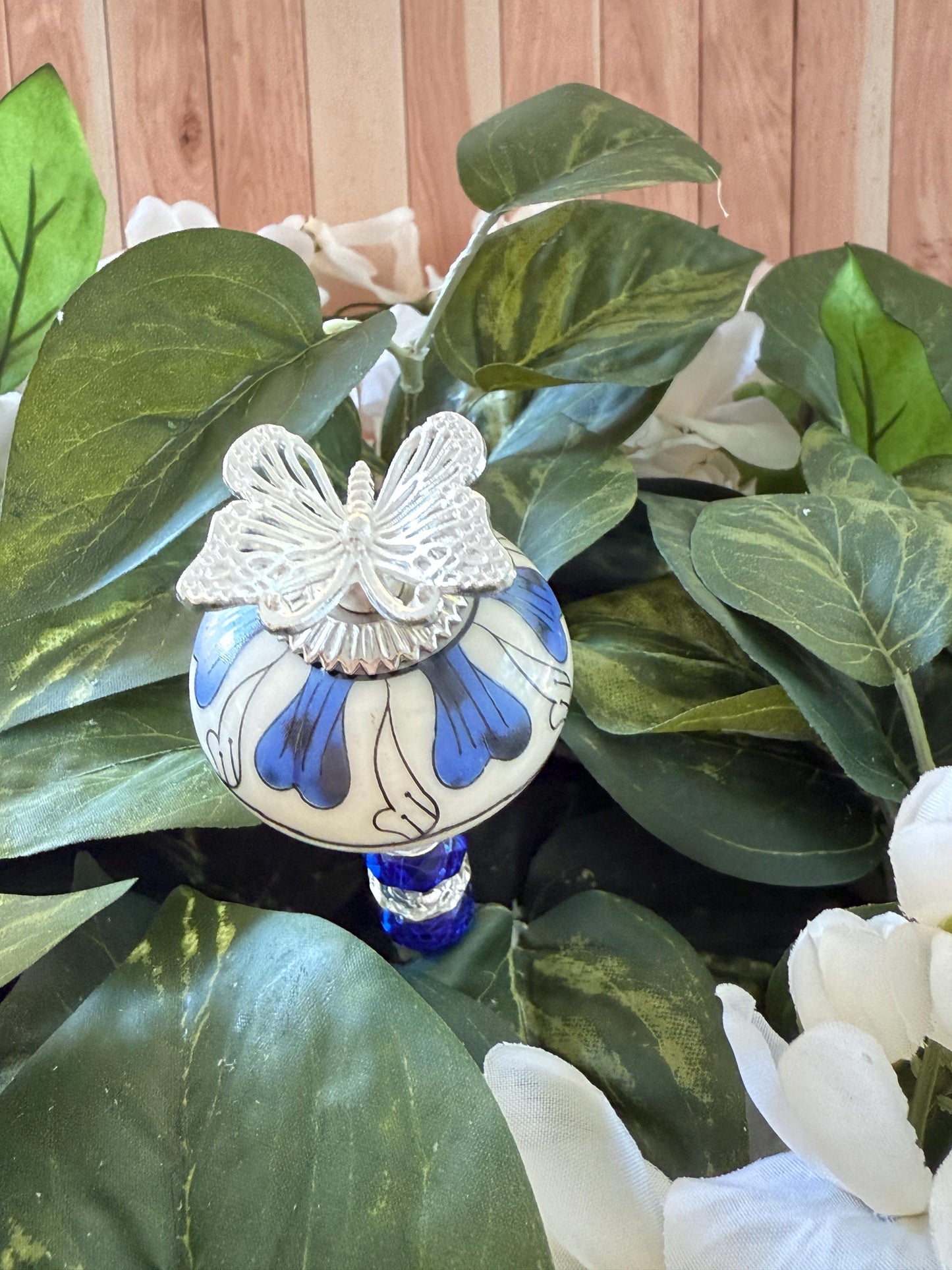 Butterfly Garden Suncatcher Stakes – 10” Beaded Plant Decor with Ceramic and metal bug topper