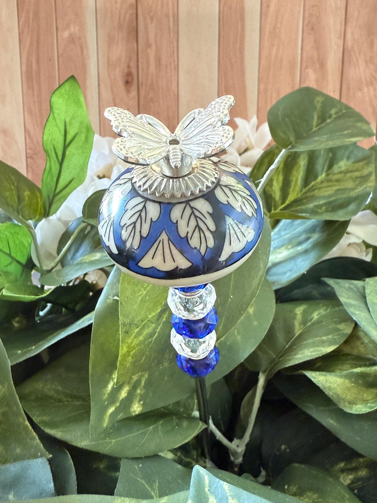 Butterfly Garden Suncatcher Stakes – 10” Beaded Plant Decor with Ceramic and metal bug topper
