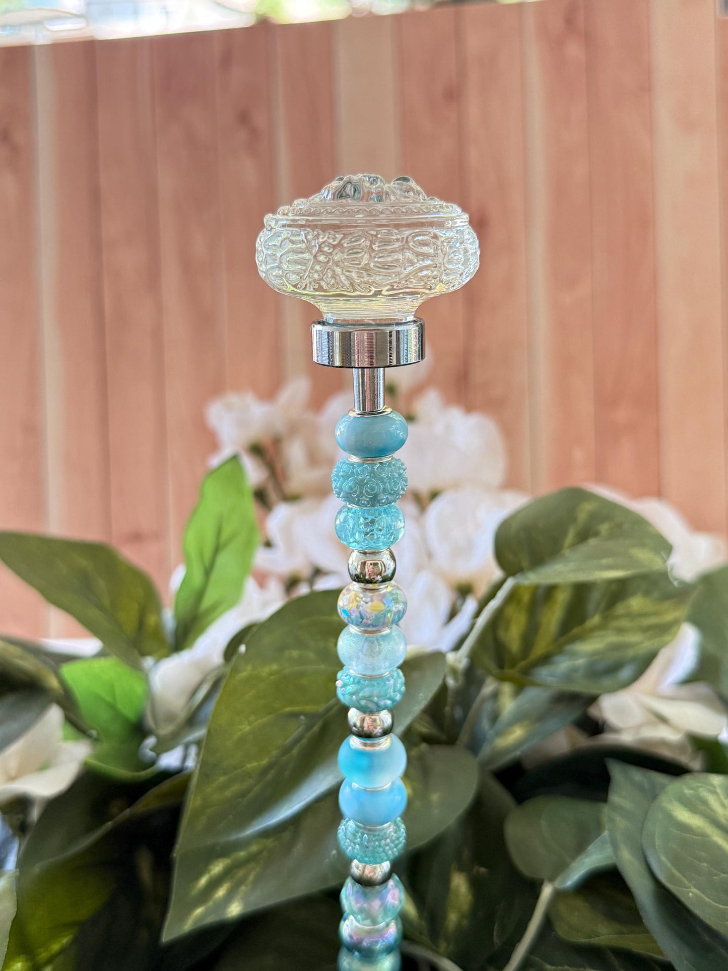 Blooming Glass Garden Suncatcher Stakes – 15” Beaded Plant Decor with Glass Topper