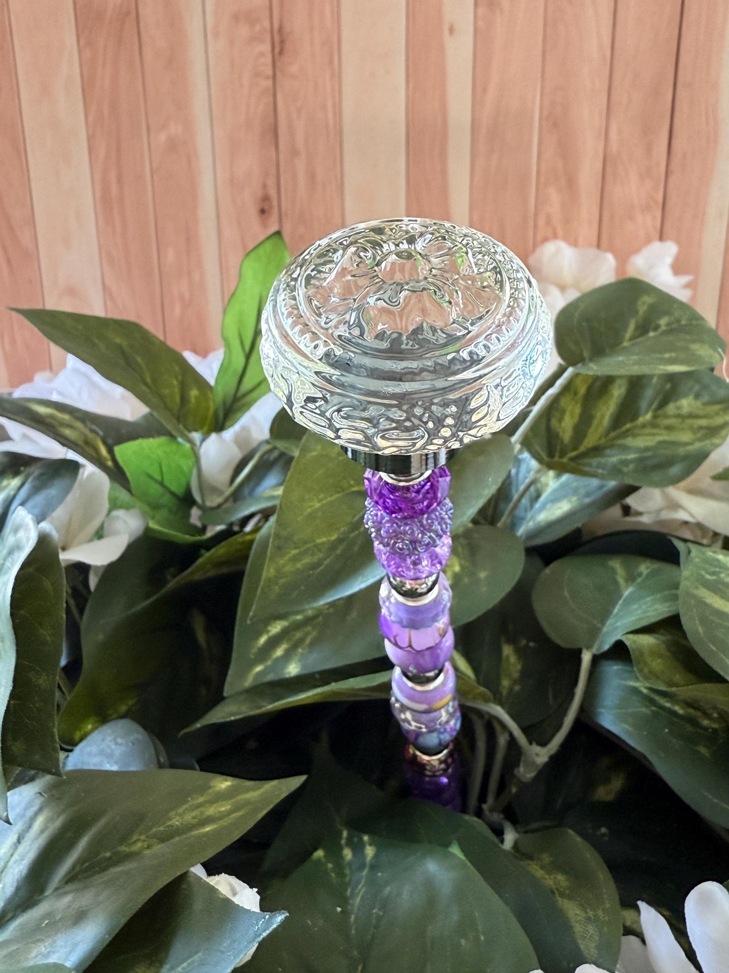 Blooming Glass Garden Suncatcher Stakes – 15” Beaded Plant Decor with Glass Topper