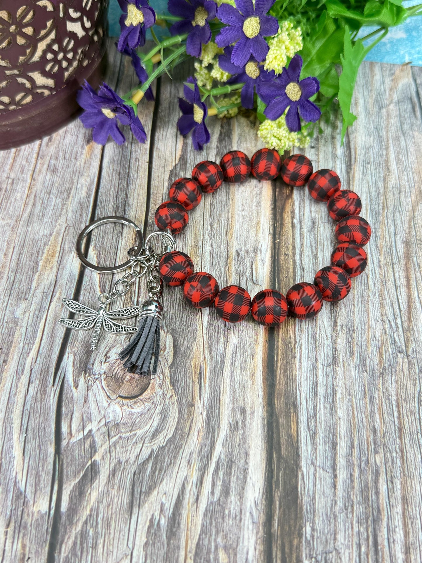 Elegant Stainless Steel Cable Wristlet – 15mm Silicone Beads, Leather Tassel & Dragonfly Charm | Many Designs Available