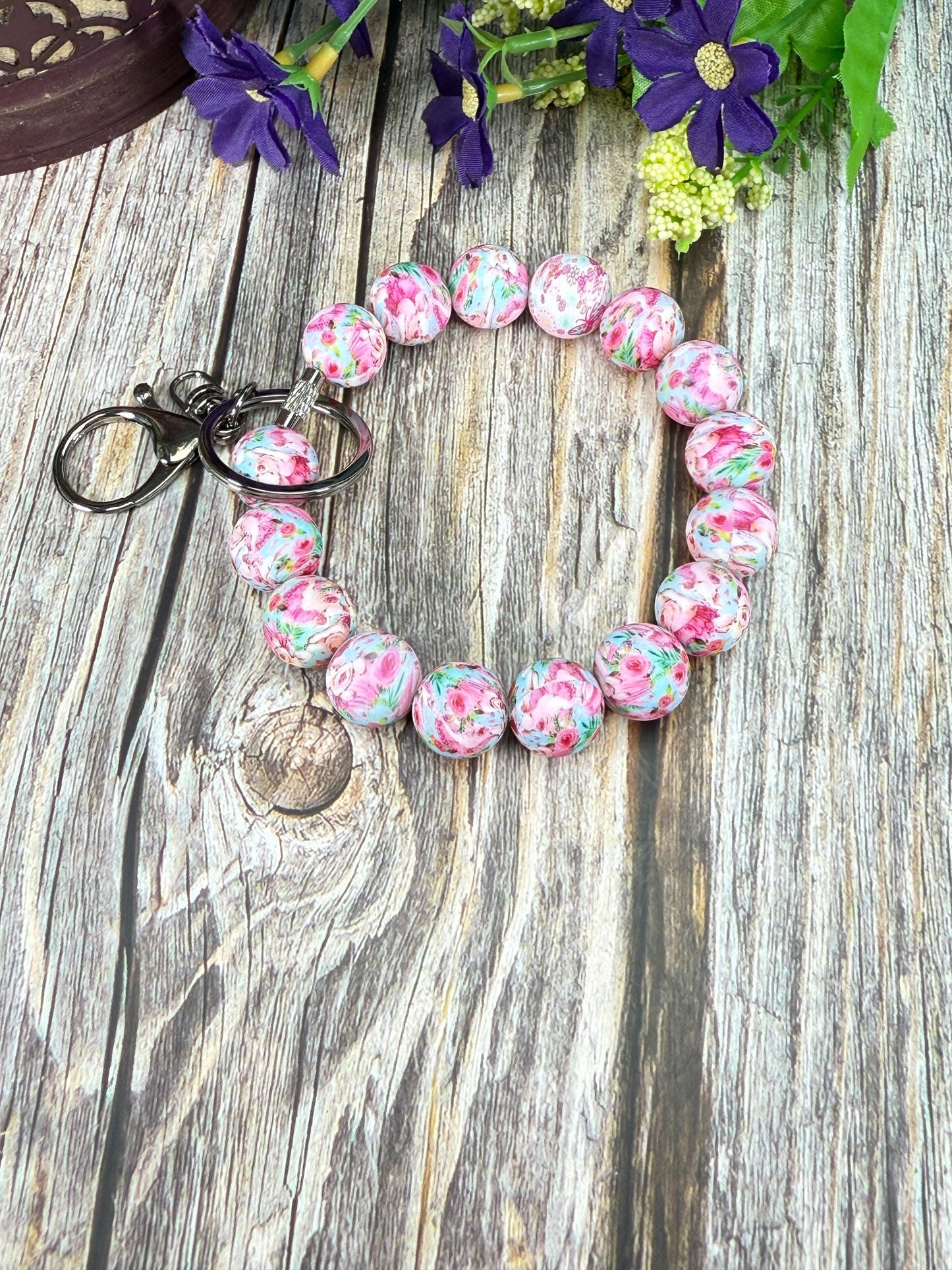 Elegant Stainless Steel Cable Wristlet – 15mm Silicone Beads | Gunmetal Keychain | Many Designs Available