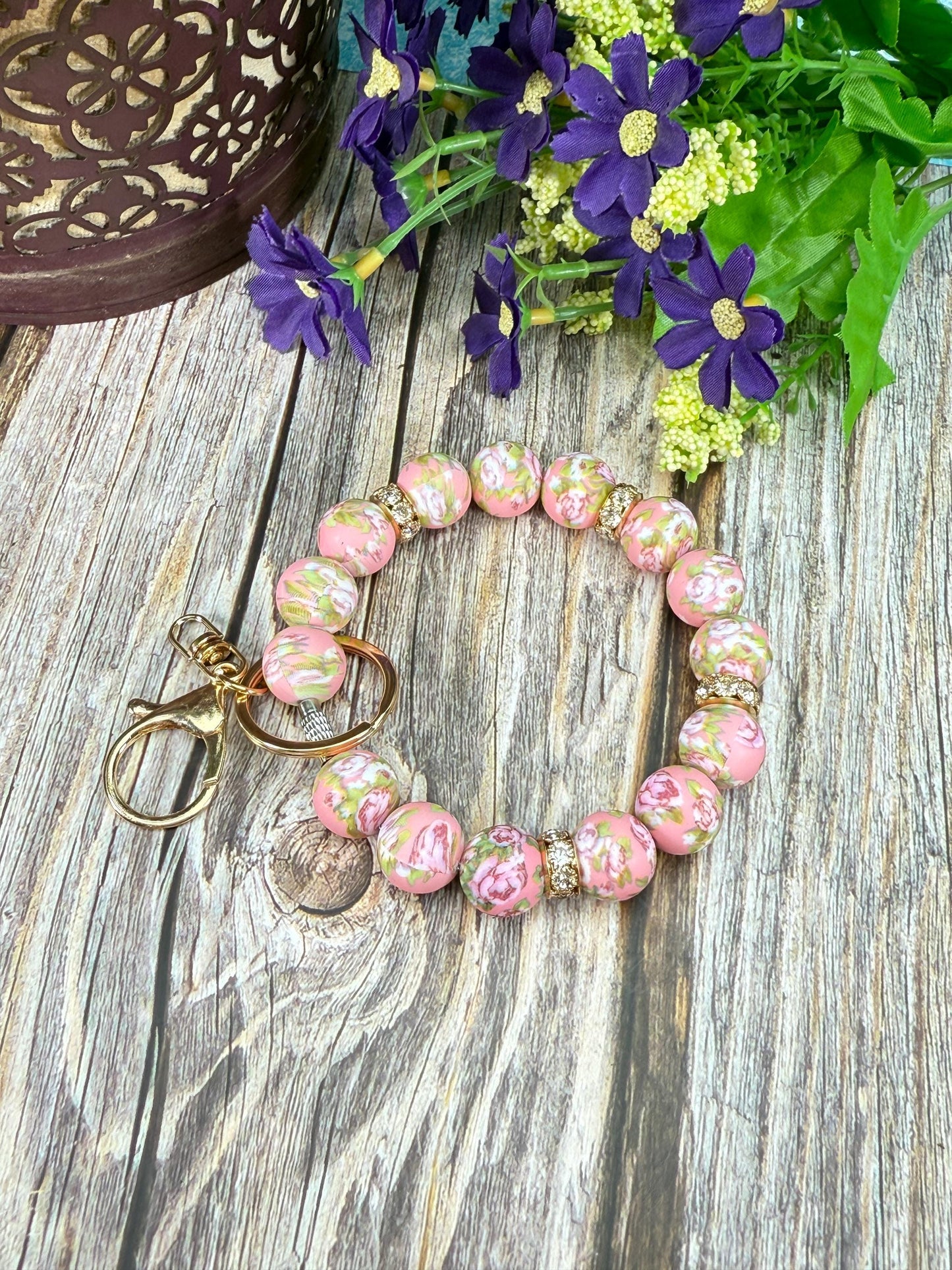 Silicone Bead Wristlet Keychain: Stainless Steel Cable, Leather Tassel