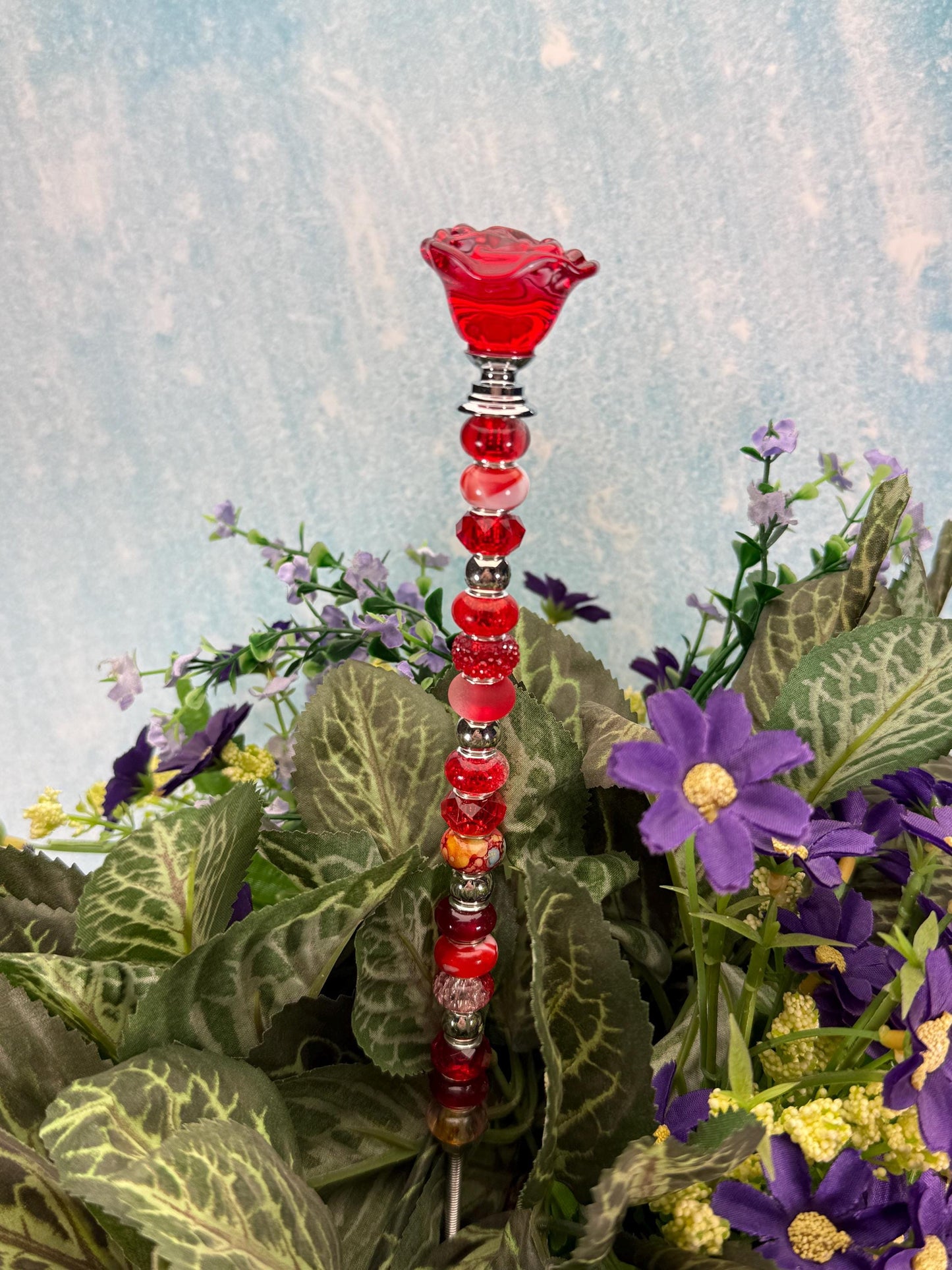 Fairy Garden Suncatcher Stakes – 15” Beaded Plant Decor with Glass Rose Topper