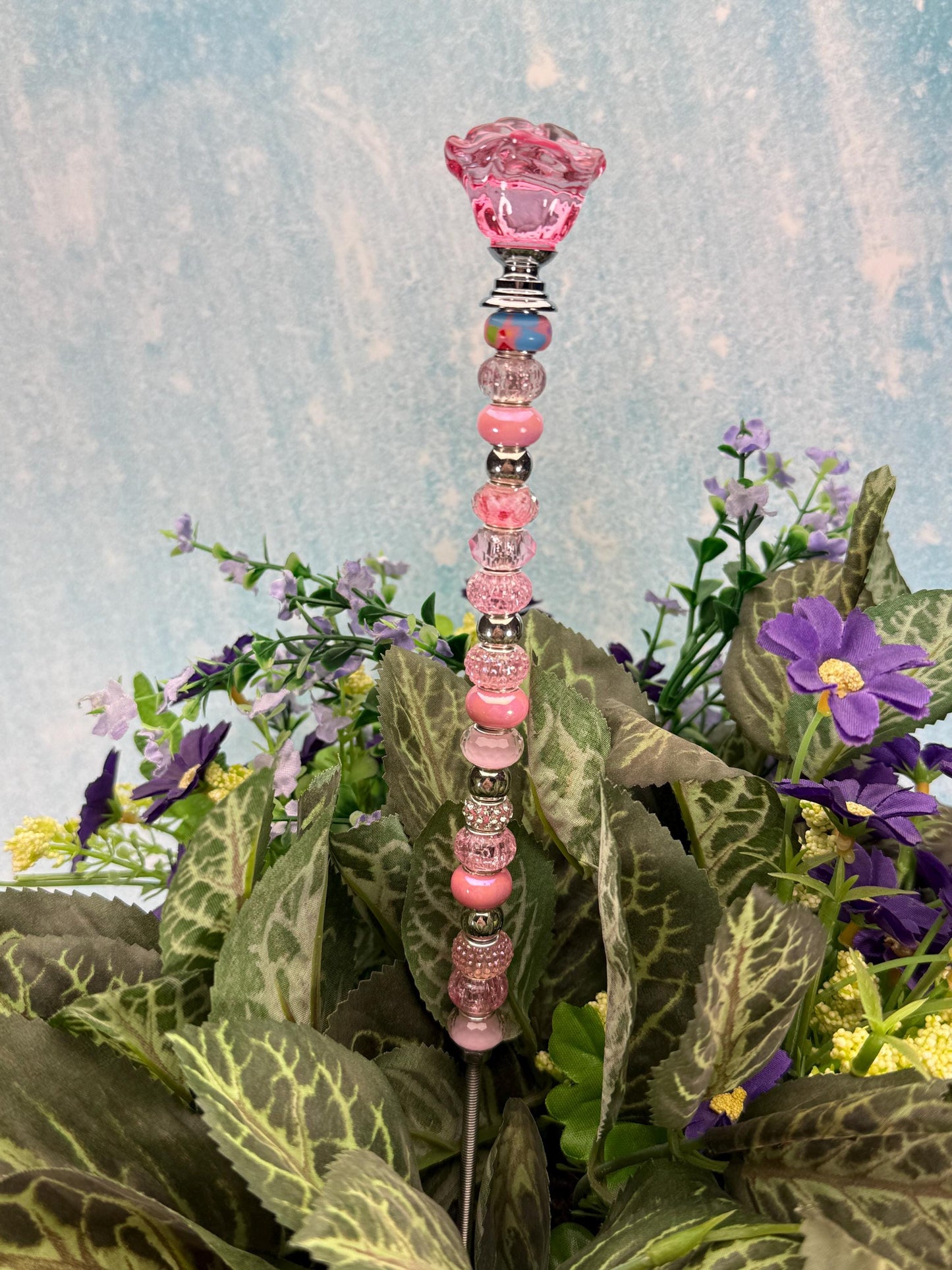 Fairy Garden Suncatcher Stakes – 15” Beaded Plant Decor with Glass Rose Topper